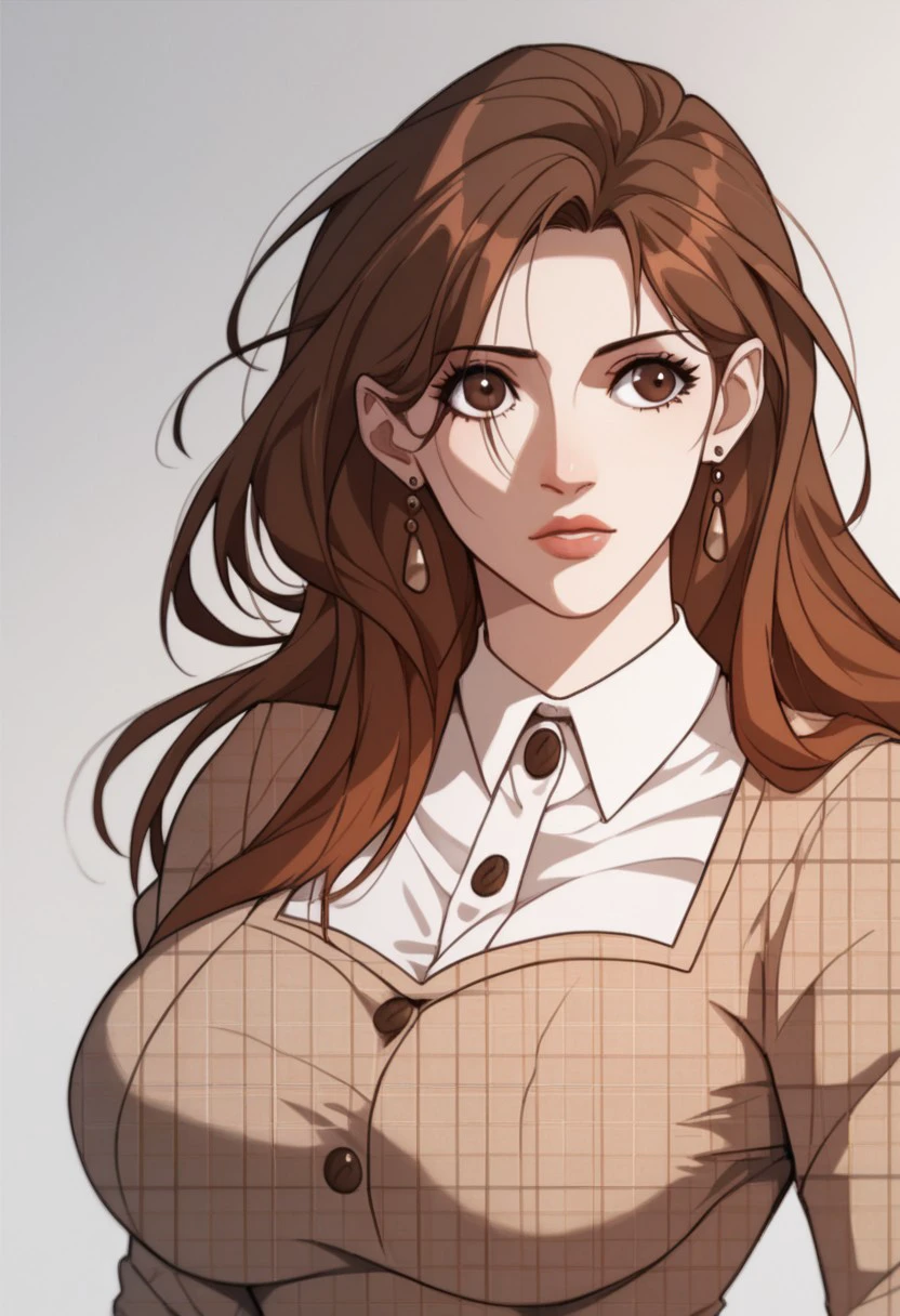 score_9, score_8_up, score_7_up, BREAK, MuQianqian, brown hair, long hair, brown eyes, large breasts, CasualDressBeige, earrings, plaid dress, brown dress, collared shirt, white shirt, dress shirt, 1girl, solo,