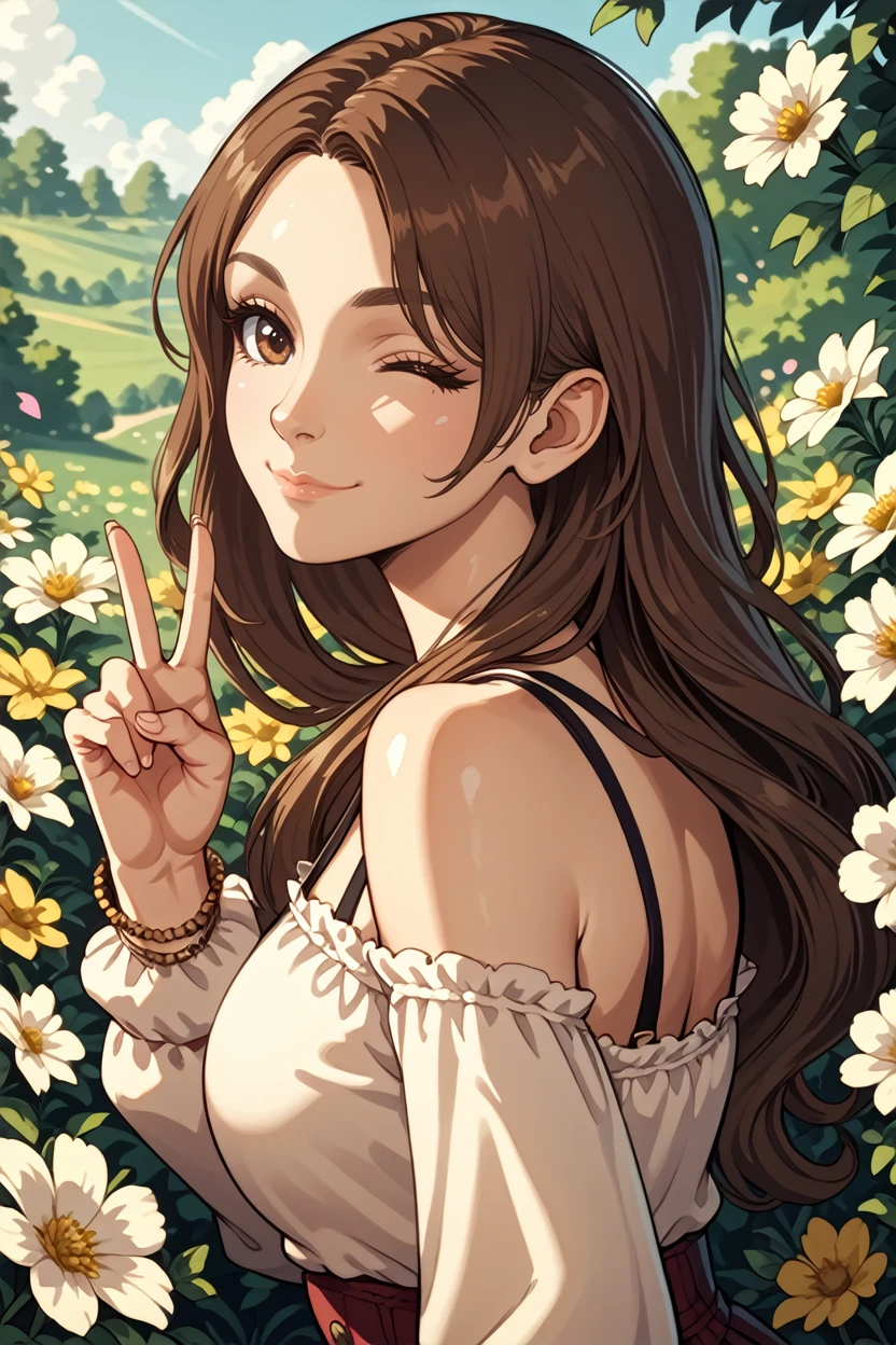 score_9, score_8_up, score_7_up, score_6_up
<lora:DD2Wilhelmina:0.8>
DD2Wilhelmina, 1girl, brown hair, brown eyes, long hair, looking at viewer, from side, wink, happy, smile, closed mouth, peace sign, flowers, meadow