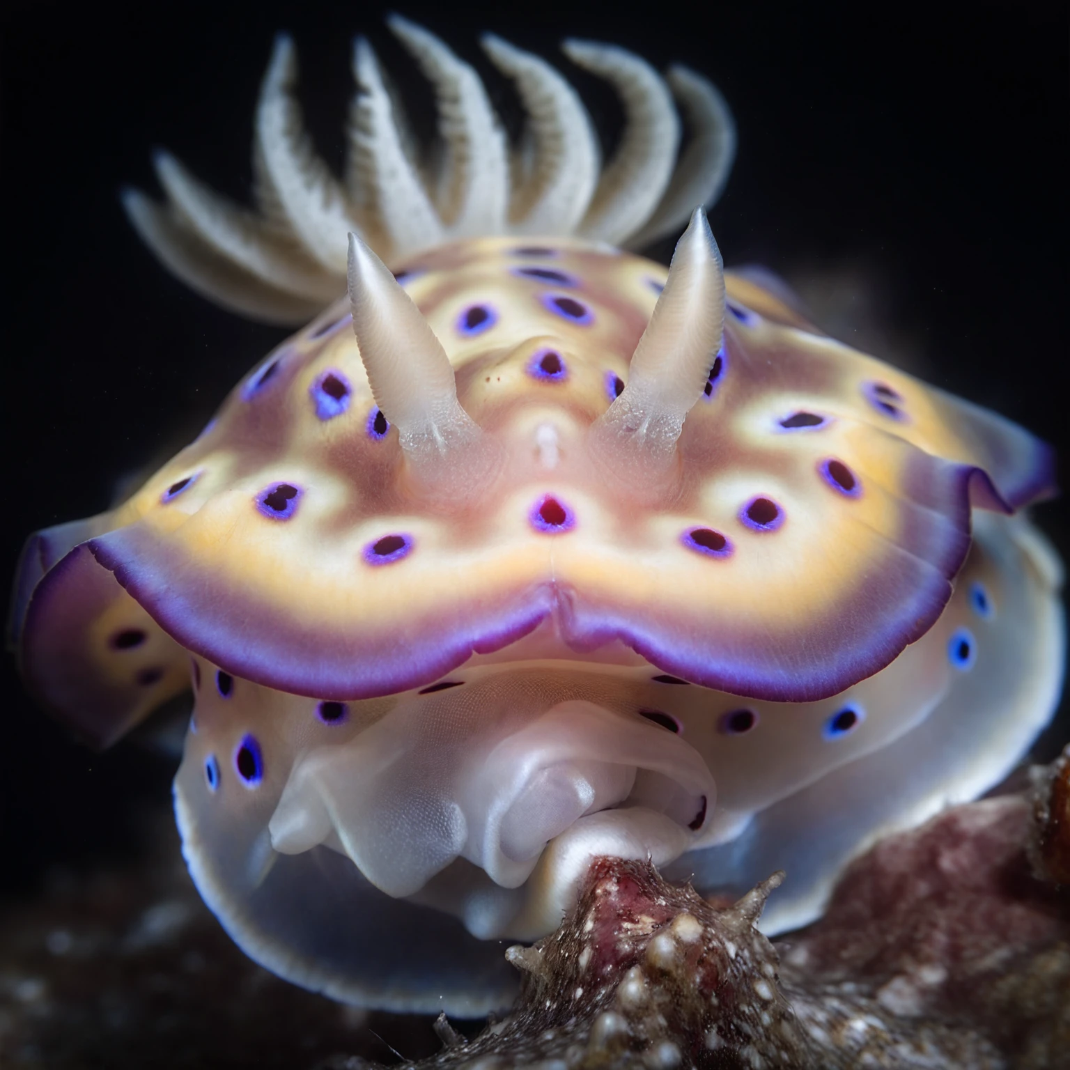 underwater close up photo from the front of a goniobranchus kunei, high detail, dark background, macro photography