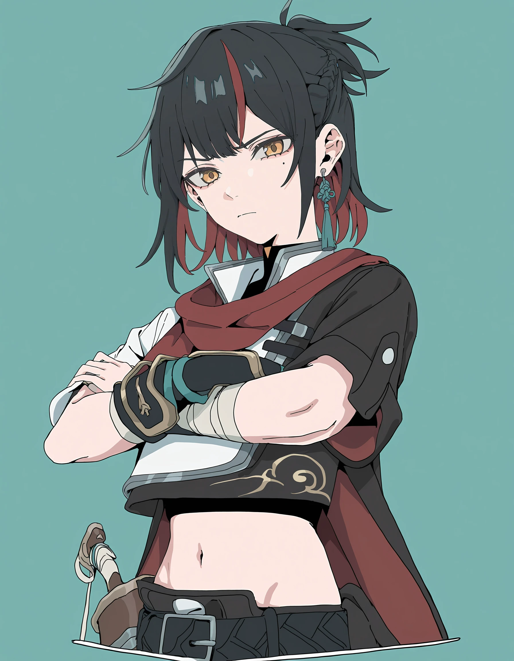 haku geroda,guimo,1girl,solo,disgust,navel,looking at viewer,black hair,jewelry,white background,male focus,crop top,red hair,multicolored hair,midriff,earrings,belt,shirt,simple background,crossed arms,black belt,sheath,short sleeves,yellow eyes,weapon,mole under eye,closed mouth,bandages,braid,red scarf,streaked hair,holding,masterpiece,best quality,very aesthetic,absurdres,<lora:guimo_noob-000005:1>,