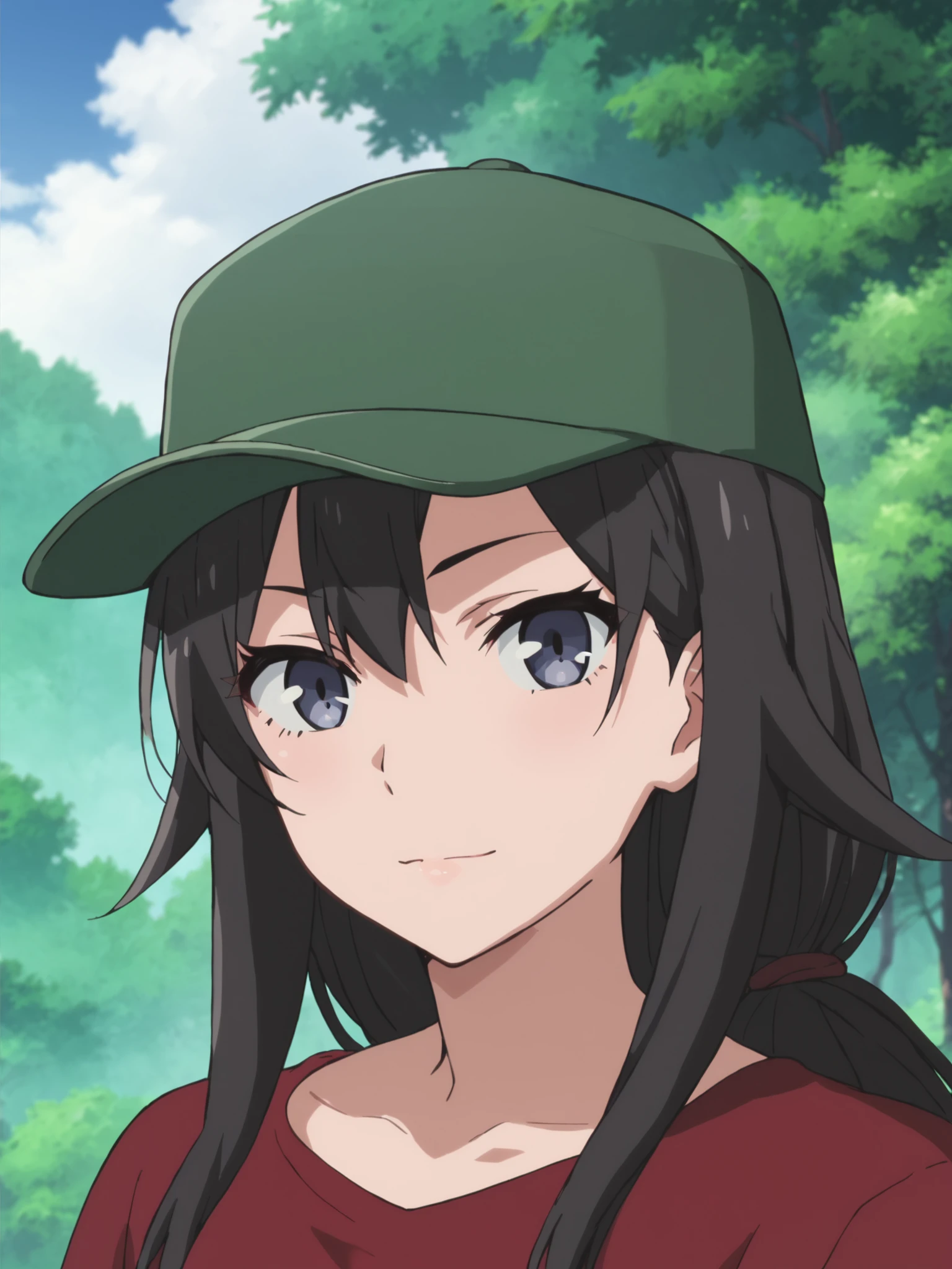 <lora:Hiratsuka_Shizuka:1>,safe_pos, score_9, score_8_up, score_7_up,score_6_up,shizuka,long hair,black hair,blue eyes,looking at viewer,outdoors,red shirt,green hat