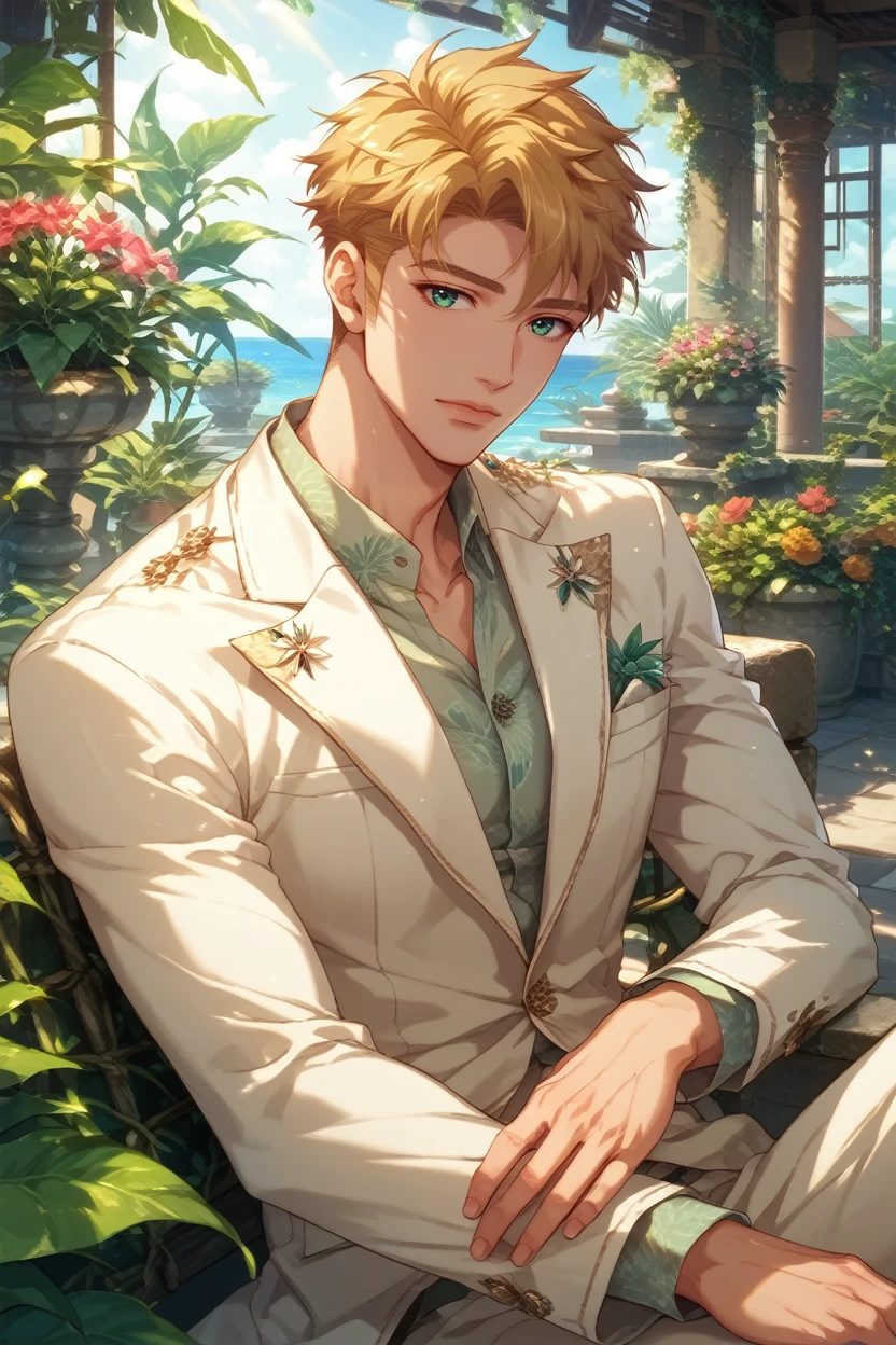 score_9, score_8_up, score_7_up,
<lora:CBYoshino:0.8>
CBYoshino, 1boy, blonde hair, short hair, green eyes, looking at viewer, sitting on a stone bench in a Mediterranean courtyard, wearing a light linen suit, vines and flowers around, warm sunlight, elegant and relaxed mood