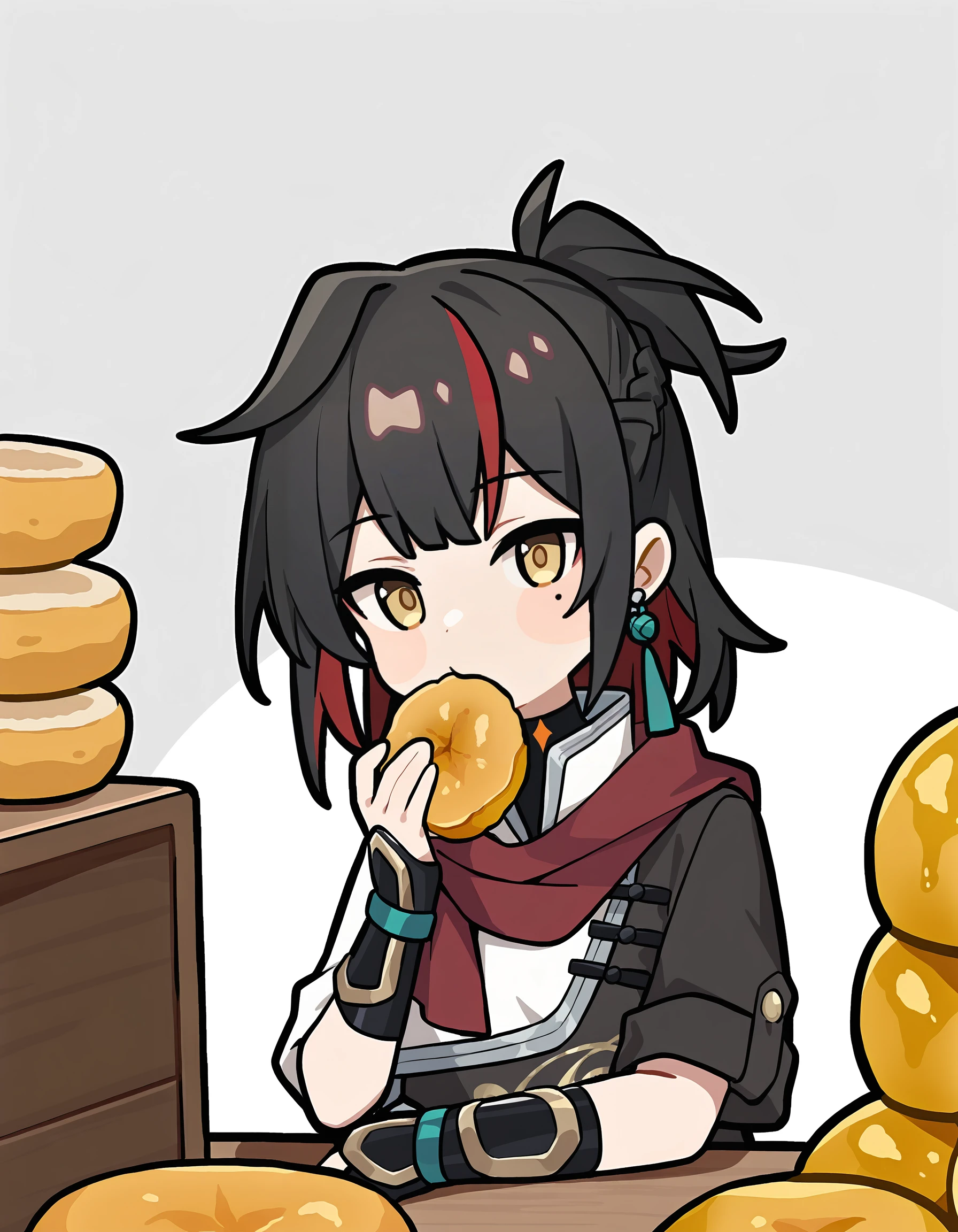 guimo, 1girl, solo, red hair, black hair, multicolored hair, yellow eyes, food, holding, chibi, mole under eye, white background, simple background, holding food, eating, streaked hair, male focus, looking at viewer, two-tone hair, short sleeves, bangs, jewelry, colored inner hair, upper body,<lora:guimo_noob>,masterpiece,best quality,very aesthetic,absurdres,