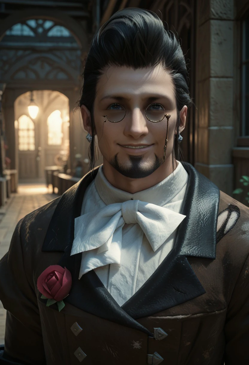 PonyXLV6_Scores BREAK h1ld1br4nd, the manderville man, 1boy, male focus, solo, facial hair, beard, ascot, black hair, smile, upper body, short hair, mandervillous , cinematic angle, cinematic lighting,