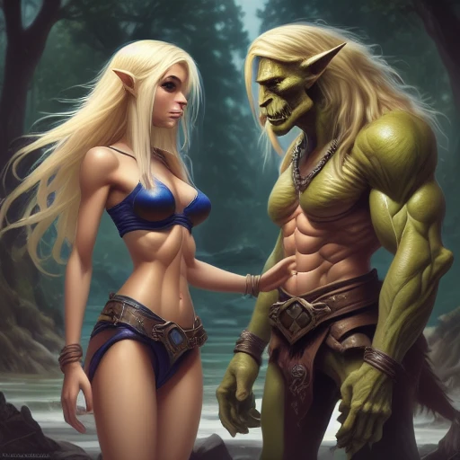 2 beautiful naked muscular elf females, (2 girls), ((one sucking the nipple of the other)), lesbians, super huge breasts, big long nipples, very muscular and ripped and lean body, in nature, highly detailled, best quality, masterpiece, 8k