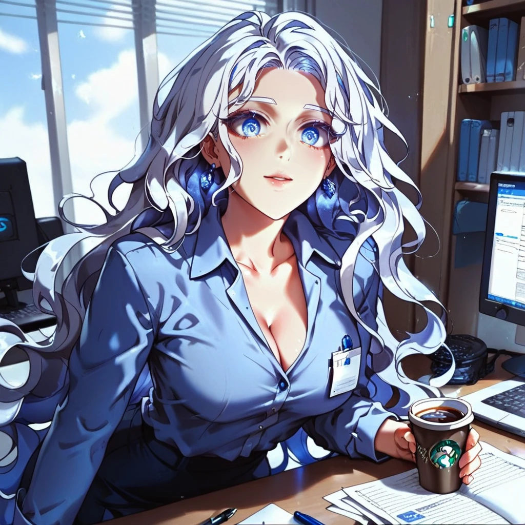 score_9_up, score_8_up, score_7_up, (Anime_source), Beautiful face, masterpiece, 
1girl, solo,(((seol-ha_my daughter is the final boss)), medium Breasts, blue eyes, white hair, long hair, very long hair,  desk, computer, office worker, dark circles under the eyes, Coffee cup, Office staff uniforms, light _focus_face