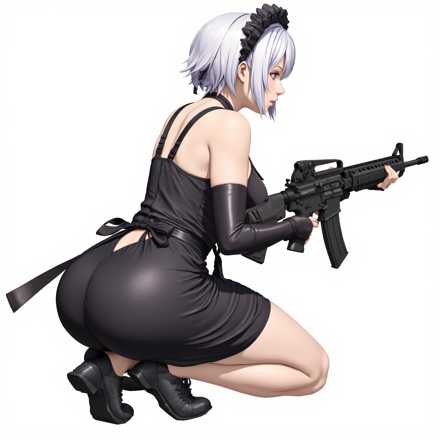 NIKKE, Brid (Black Moon) cover idle, 1girl, holding weapon, white background, cleavage, black gloves, large breasts, blue eyes, elbow gloves, black dress, black footwear, holding gun, simple background, closed mouth, multicolored hair, assault rifle, bare shoulders, maid headdress, squatting, from behind, hairband, shoes, looking away, short hair, bangs, white hair, looking to the side, full body, see-through