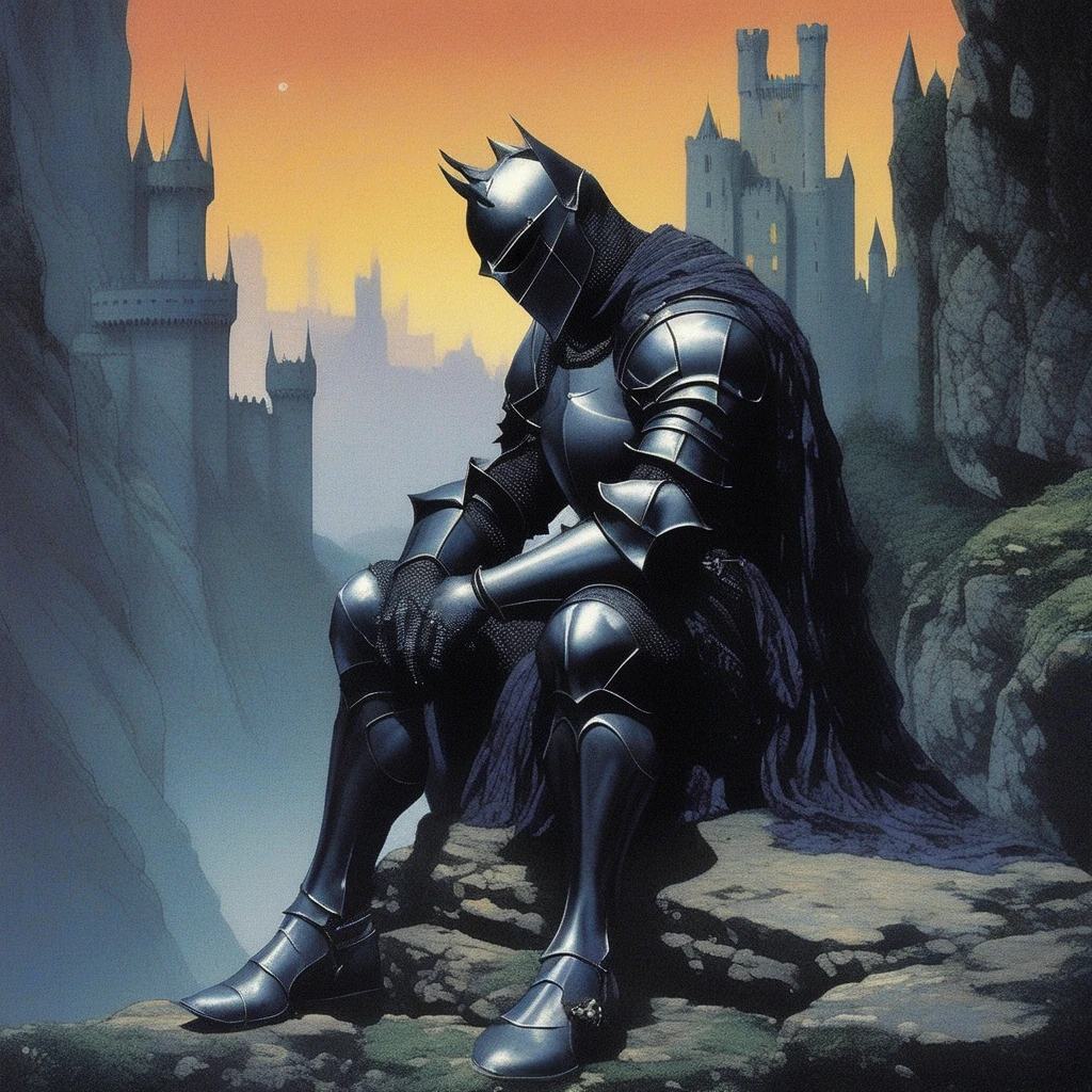 dark fantasy knight sitting on rocks pondering life with a castle in the distance and a nymph peering out from behind a rock