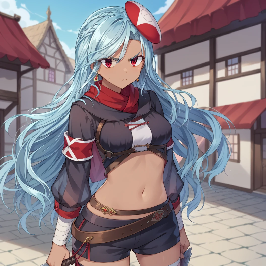 score_9, score_8_up, score_7_up, source_anime, masterpiece, best quality, 1girl , solo,  trisha, trishanormal, navel, long hair, dark skin, red eyes, dark-skinned female, midriff,, Pretending to lift a heavy weight, upset, angry, frown,, in a medieval town, outdoors,, <lora:trisha_chronoark_ponyxl-000005:1>