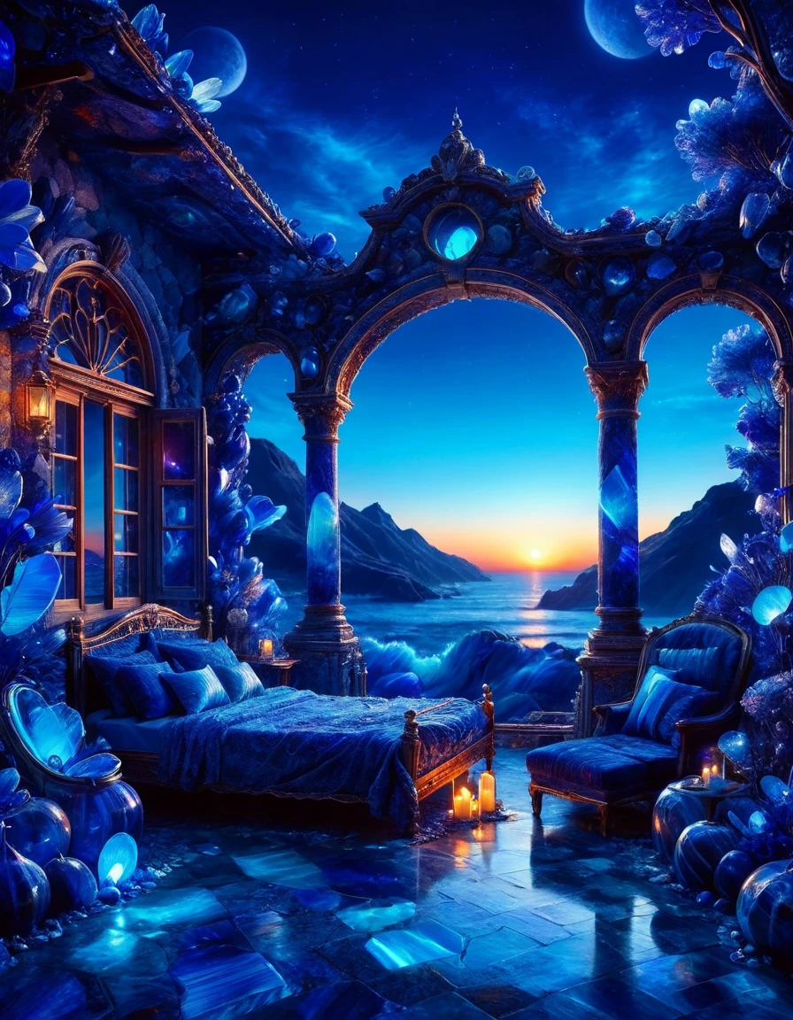 (deep blue theme:0.7) , Spellbinding ral-azrte, at Dusk, Cosy, Bright design, otherworldly, ethereal, <lora:ral-azrte-sdxl-dora:1>, best, romantic, aesthetic, polished, complex artistic color composition, extremely rich detail, located artistic, stunning