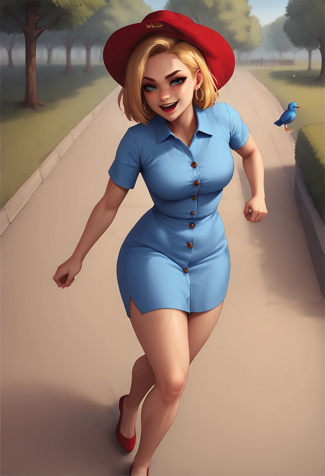 score_9, score_8_up, score_7_up, linda_sinclair, 1girl, freckles, park,  open mouth, smirk, thumps up, blonde  asymmetrical bob, short hair, freckles, jewelry, blue dress, shirt-dress, shirt, buttons , short sleeves, looking at viewers, curvy, red hat,, from above, running, from side, birds, hoop earrings <lora:v3_babes1.1_blue_dress:0.8>