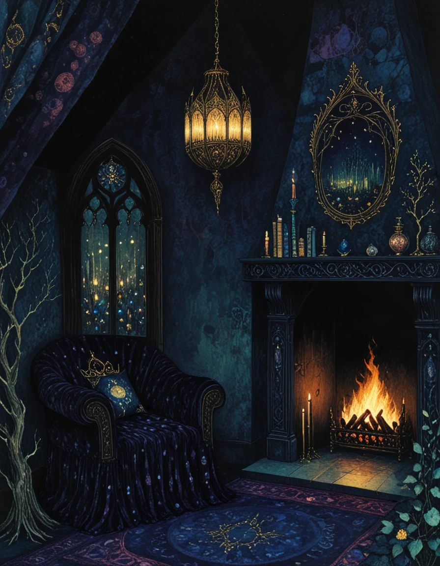 novuschroma style cozy study with a fireplace by harry clarke <lora:124_novuschromaSXL_a4:1>, <lora:sdxl_lightning_8step_lora:1>