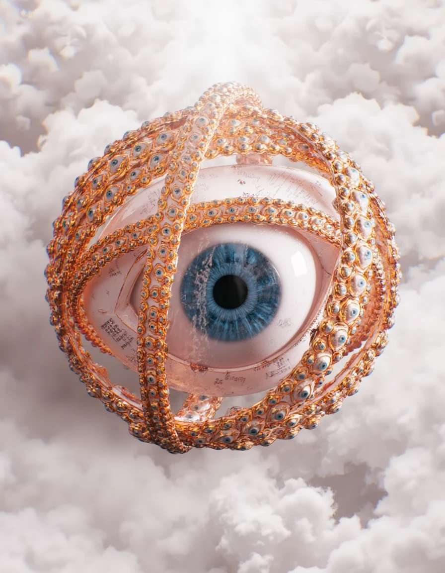 Ophanim or also known as the Throne of god is a biblically accurate depiction of this angel, A surreal and abstract digital artwork featuring a highly stylized, metallic, and ornate eye with a deep blue iris surrounded by a swirling, circular halo of golden and pink metallic patterns. The eye is set against a soft, white, fluffy background that gives it a dreamy, ethereal quality. The metallic halo is intricately detailed, with a mix of gold and pink tones, creating a sense of depth and movement. The background is composed of soft, fluffy clouds, adding a whimsical and otherworldly atmosphere to the piece. The overall style is a blend of surrealism and fantasy, with a focus on texture and intricate design. The artist has used a combination of digital painting and 3D modeling techniques to create a visually striking and immersive artwork.   <lora:Ophanim_Creature:1>