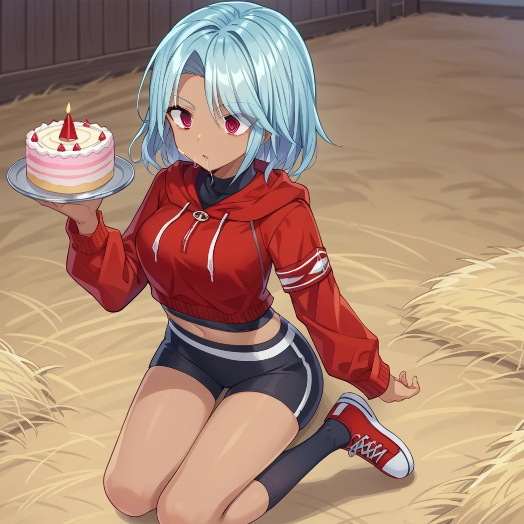 score_9, score_8_up, score_7_up, source_anime, masterpiece, best quality, 1girl , solo,  trisha, trishaalt, 1girl, solo, navel, hood, sneakers, socks, dark skin, red eyes, shoes, midriff, black socks, Jumping with joy, as if holding a birthday cake, expressionless, emotionless_sex, @_@, spiral-only eyes, blank_stare, spiral,drool,, stable,  barn, indoors, dust,, <lora:trisha_chronoark_ponyxl-000005:1>