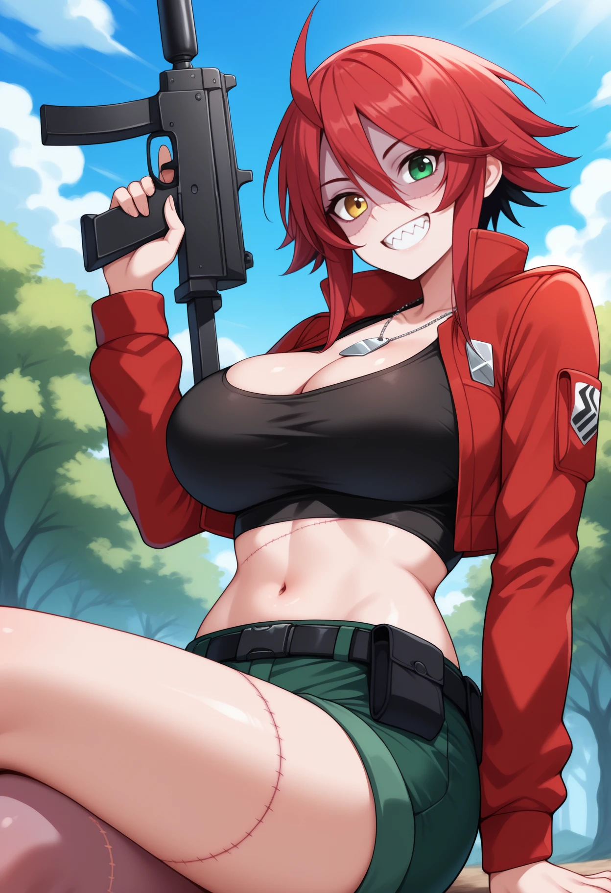 masterpiece, best quality, <break> solo, 1girl, mmzombina, zombie, stitches, patchwork skin, sharp teeth, grin, looking at viewer, holding gun, submachine gun, red hair, ahoge, heterochromia, yellow eyes, green eyes, red jacket, long sleeves, black shirt, crop top, green shorts, black belt, dog tags, midriff, navel, cleavage, large breasts, blue sky, cloud, outdoors, tree
<segment:yolo-face_yolov8m.pt,0.4,0.5//cid=1>