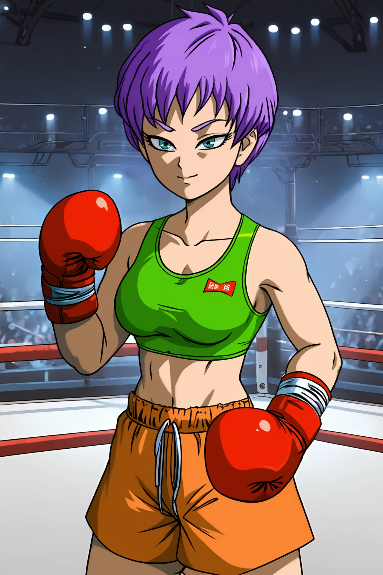 source_anime, score_9, score_8_up, score_7_up, anime screencap, high quality, 8k, absurdres,
colonel violet, official style, 1girl, solo, breasts, smile, short hair, blue eyes, navel, medium breasts, purple hair, boxing shorts, midriff, shadow, boxing ring, sports bra, orange shorts, boxing gloves, collarbone, cowboy shot, english text, green topwear, bare shoulders, eyelashes, looking at viewer, print sports bra, logo print, clothes writing, 
 <lora:violet_pony_v1:0.8>