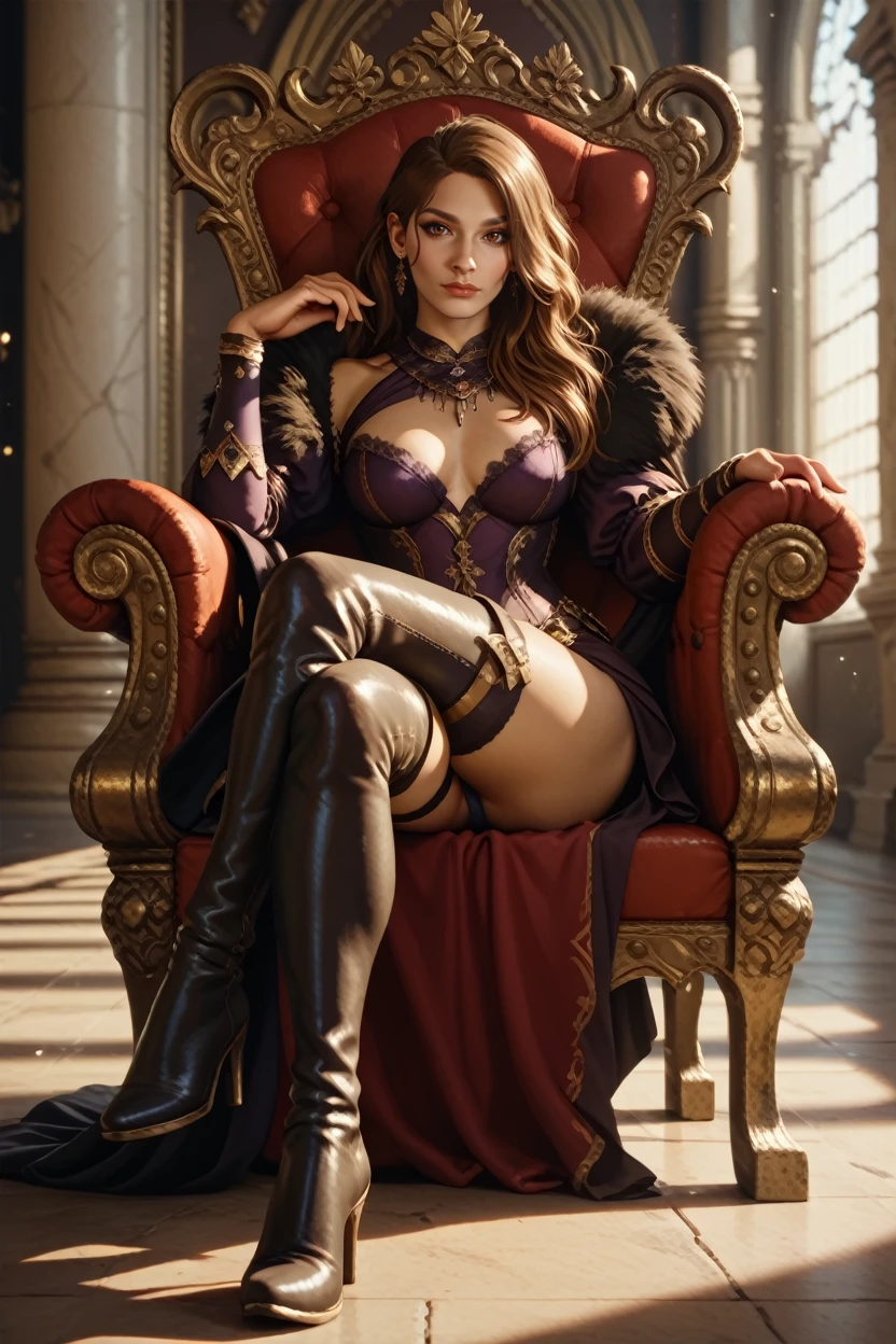 score_9, score_8_up, score_7_up, score_6_up
<lora:DD2Wilhelmina:0.8>
DD2Wilhelmina, 1girl, brown hair, brown eyes, long hair, looking at viewer, sitting, throne, crossed legs, indoors, thigh boots