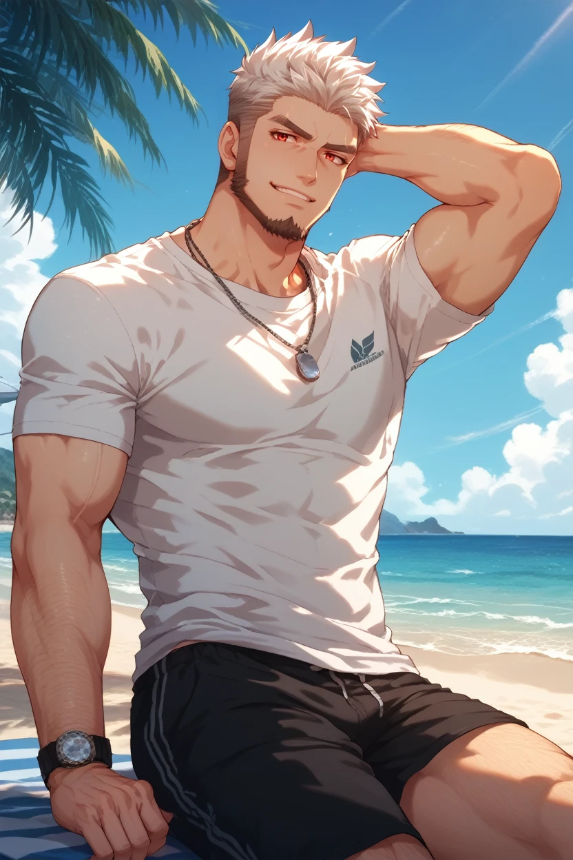 score_9, score_8_up, score_7_up,
<lora:CBGoro:0.8>
CBGoro, 1boy, white hair, short hair, beard, red eyes, muscular, looking at viewer, beach, arm behind head, shorts, smirk