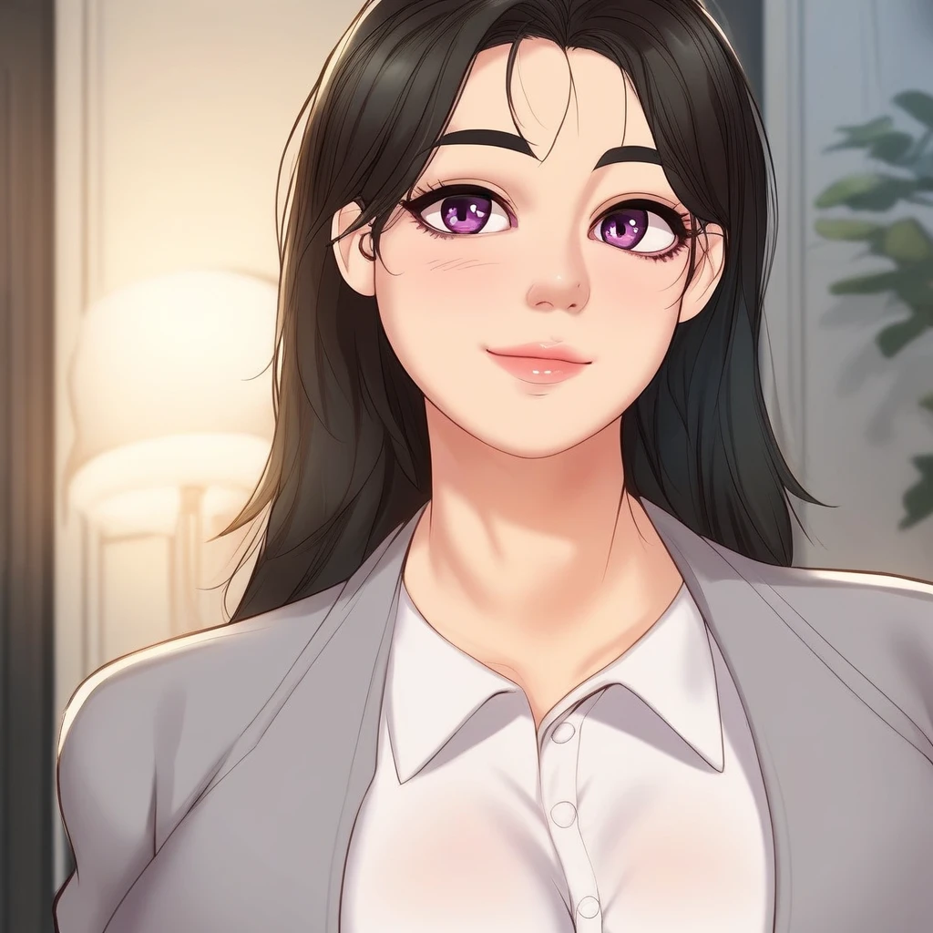 score_9, score_8_up, score_7_up, ASCII masterpiece, source_anime, BREAK, 1girl, solo, (( <lora:eun-jin :1> , eun-jin , thin waist, wide hips, beautiful skin, piercing purple eyes, clear eyes, bright pupils, beautiful eyes, beautiful black hair, beautiful long hair, huge and shaggy breasts, natural beauty, extraordinary beautiful woman, attractive woman, super sexy woman, lustful body, sexy woman with seductive obscene body, sensual body, voluptuous body, sexy beauty, no piercings, no piercing, )) , ((formal, grey suit jacket, white shirt, ))  , sexy pose, cowboy shot, seducative smile, sexy, hands behind head, inside hotel room, morning lights,