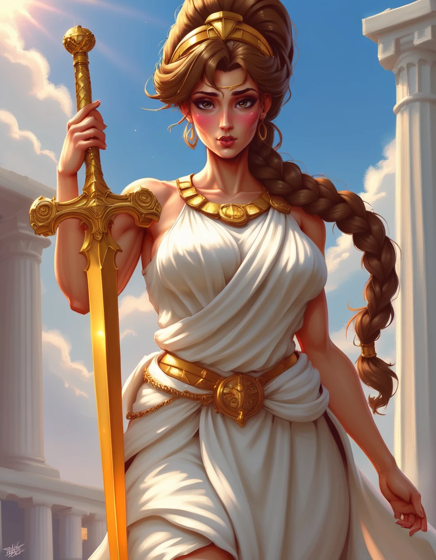 Ancient Rome.girl 20 years old, blonde hair, dressed in a white linen dress with a belt. There is a beautiful tiara on the head. She rested her foot on the column and tilted her head slightly.