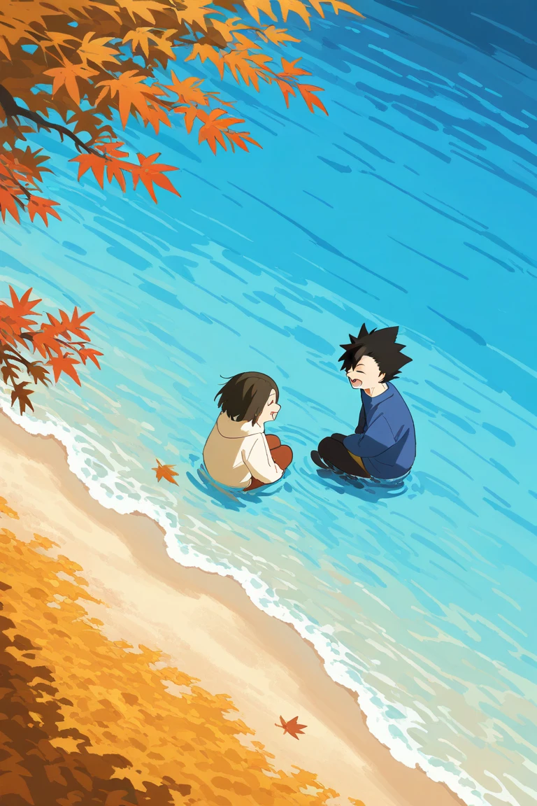 day, natural lighting, autumn theme, autumn leaf, leaves, water, water ripple, bestfriends focus, looking away, looking at another, sitting, ADKenmaHU, black_ADKenmaHU_parted bangs, smiling, 1stmale , ADKurooHU, black_ADKurooHU_spiked hair, closed eyes, open mouth, 2ndmale childrry outdoors, from above, dutch angle, intricately detailed illustration, masterpiece,best quality,amazing quality,very aesthetic,absurdres,newest