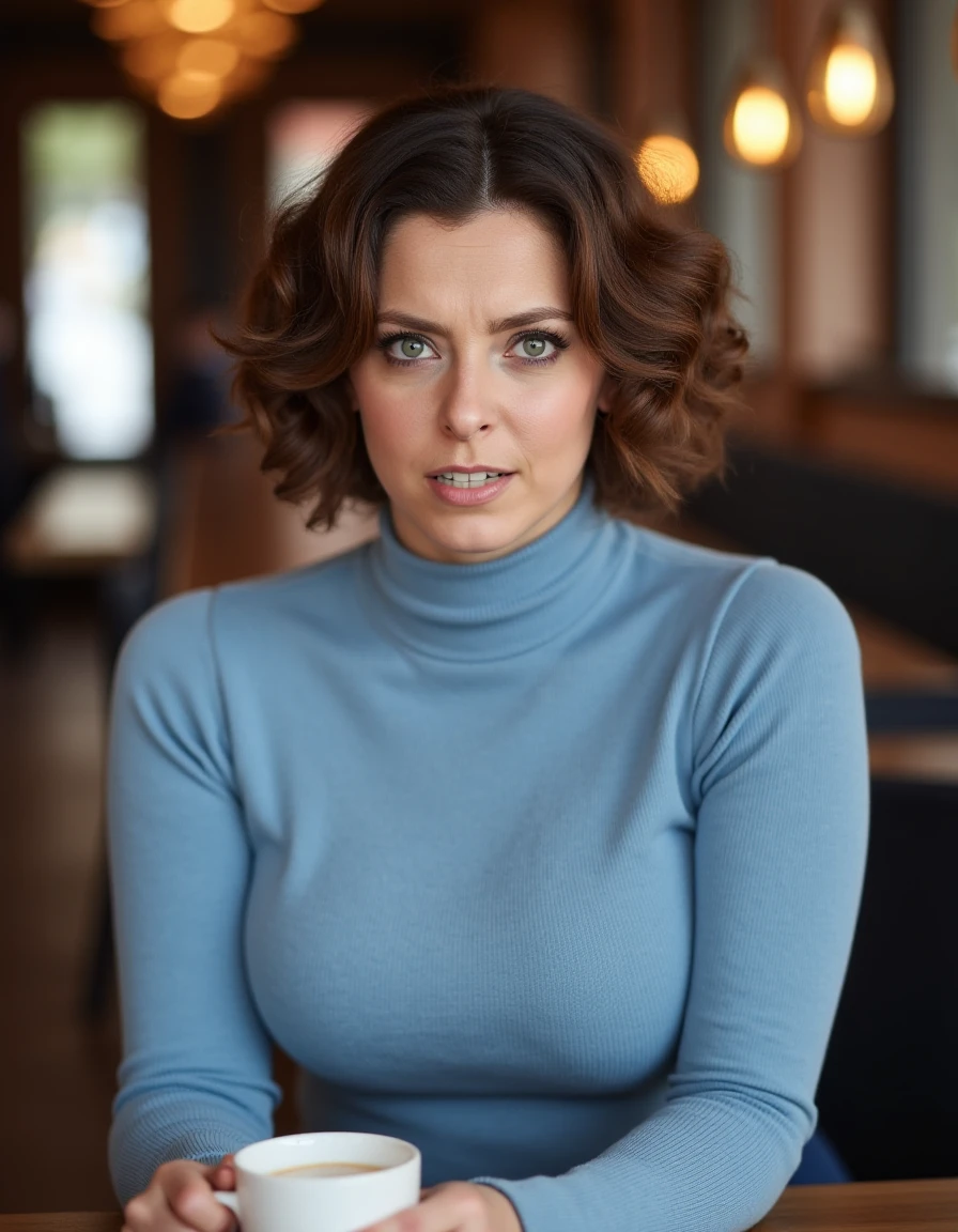 8k hdr photo graph of <lora:rbloomflux1a-000001:1> She has short, wavy brown hair styled in loose curls. she has large breasts, wearing a fitted light blue turtleneck sweater, sitting in a cafe holding a coffee, . She is looking at the viewer,