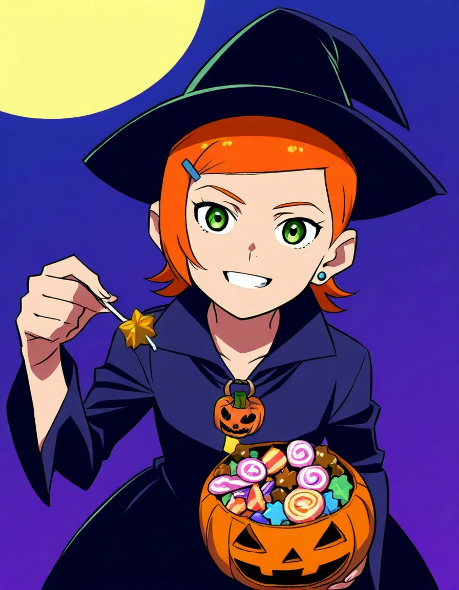 <lora:GwenOGandNew:1> gwenclassic, 1girl, hair ornament, hairclip, green eyes, solo, short hair, orange hair, jewelry, earrings, parody
halloween, wearing a witch costume, witch hat, witch dress, trick or treat, full moon, smiling, halloween candy, from above,