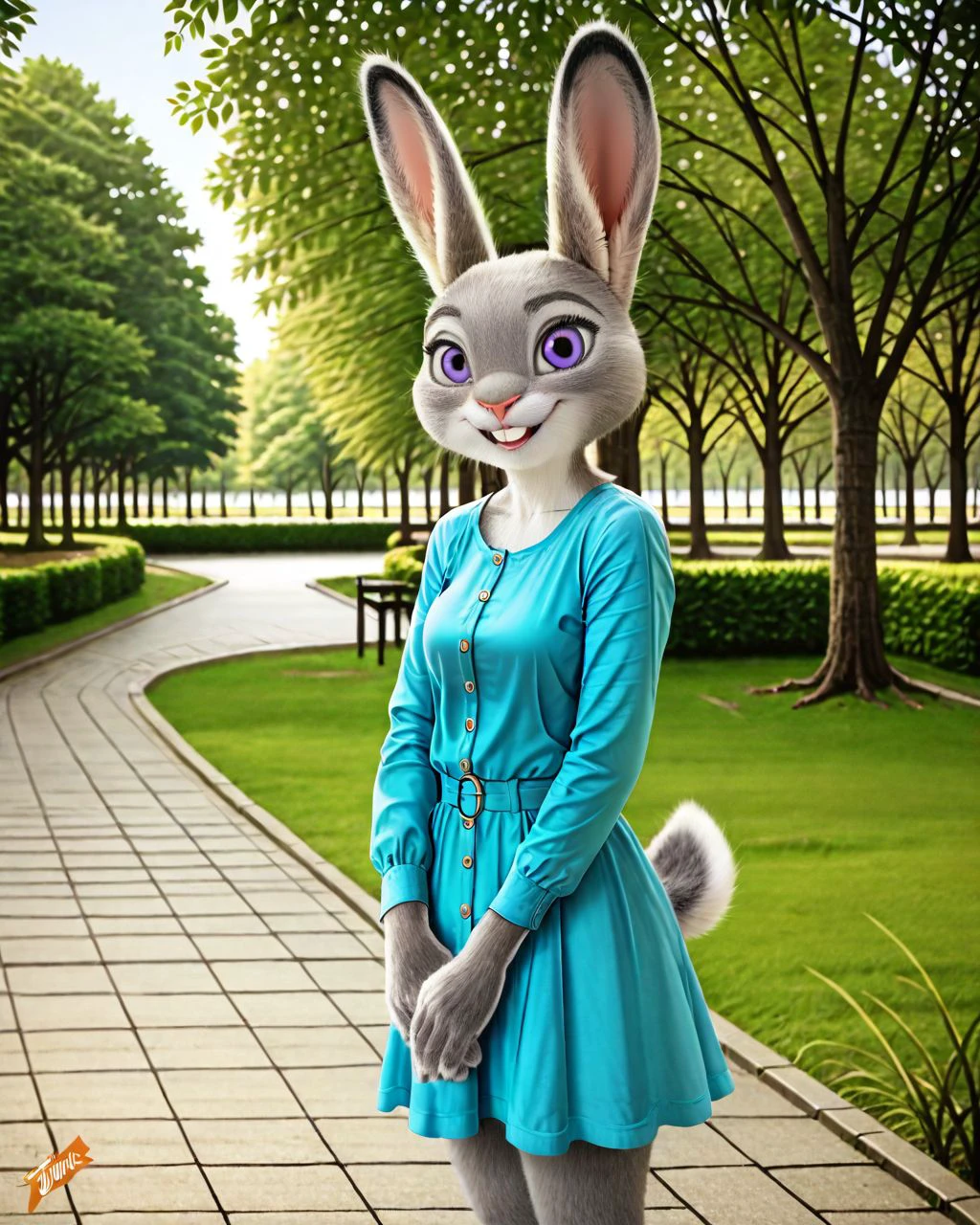 furry, ((masterpiece)), best quality, 1girl, solo, (anthro, rabbit), (detailed background, standing, park), (judy hopps, happy face, casual wear),  photorealistic,  <lora:Photorealistic_xl:0.7> photo,