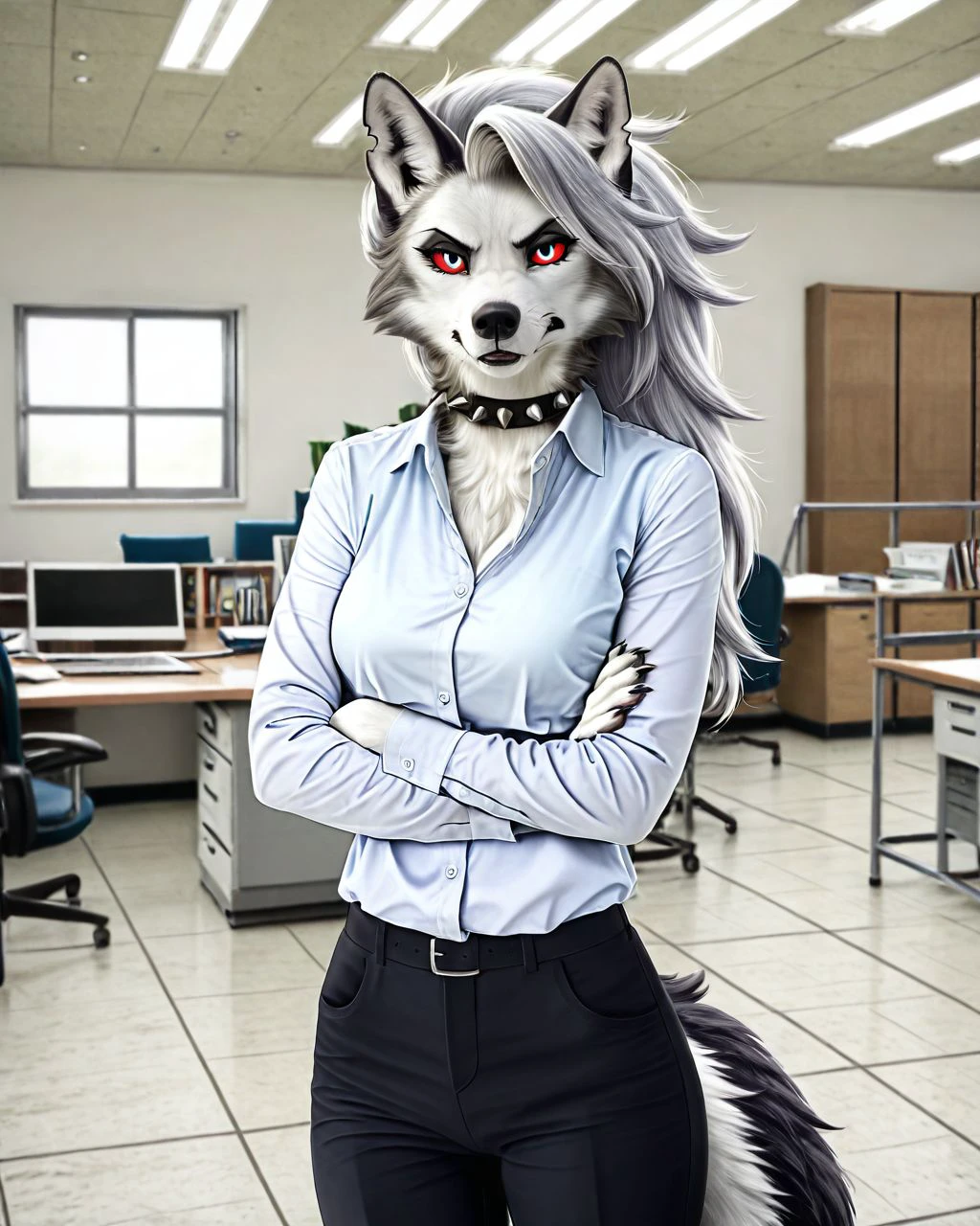 furry, ((masterpiece)), best quality, 1girl, solo, (anthro, wolf), (detailed background, standing, office), (loona, very mad face, annoyed face),  photorealistic,  <lora:Photorealistic_xl:0.7> photo,