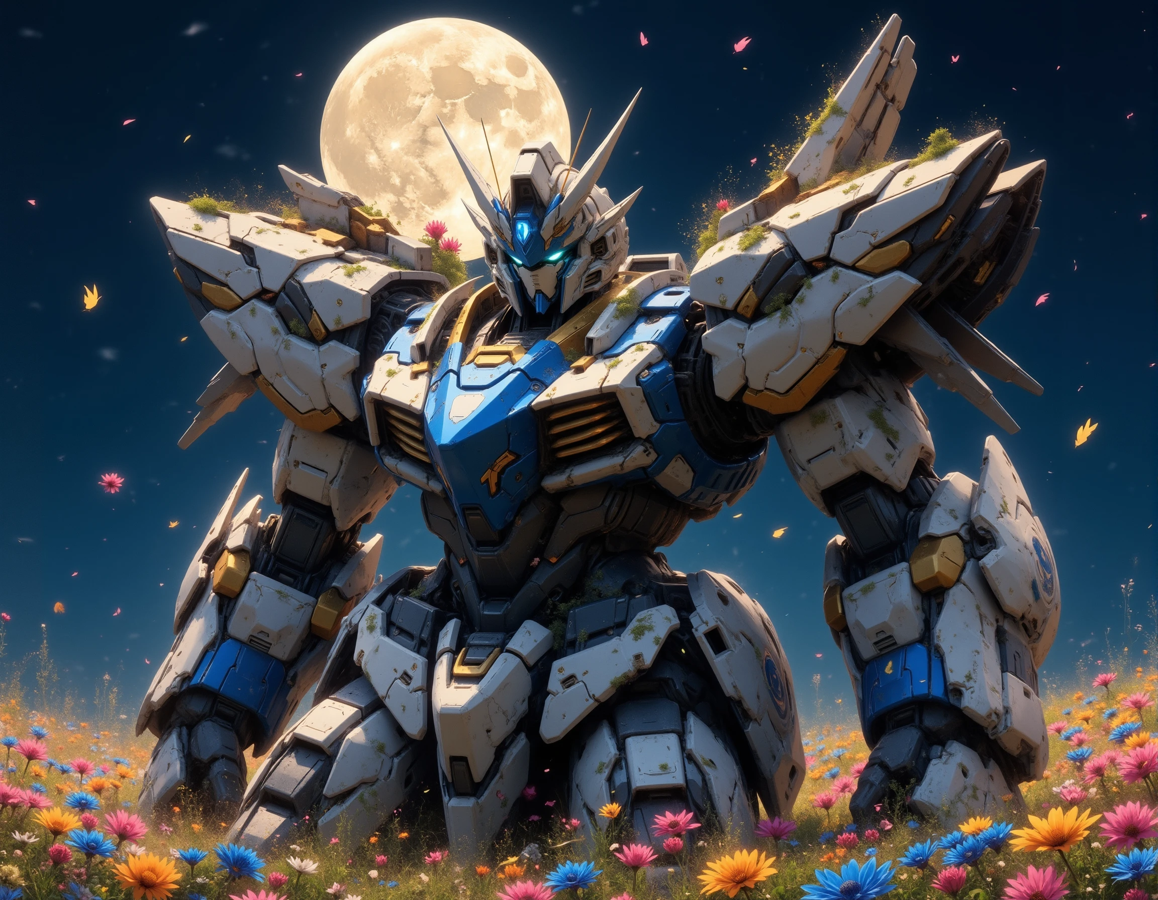 fluxmecha,A blue and white broken mech knelt in the middle of an endless sea of flowers, its body covered with colourful flowers, its arms crippled and surface rusted as if it had stood here from a century ago, behind it was the huge full moon, its petals fluttering in the wind, the night