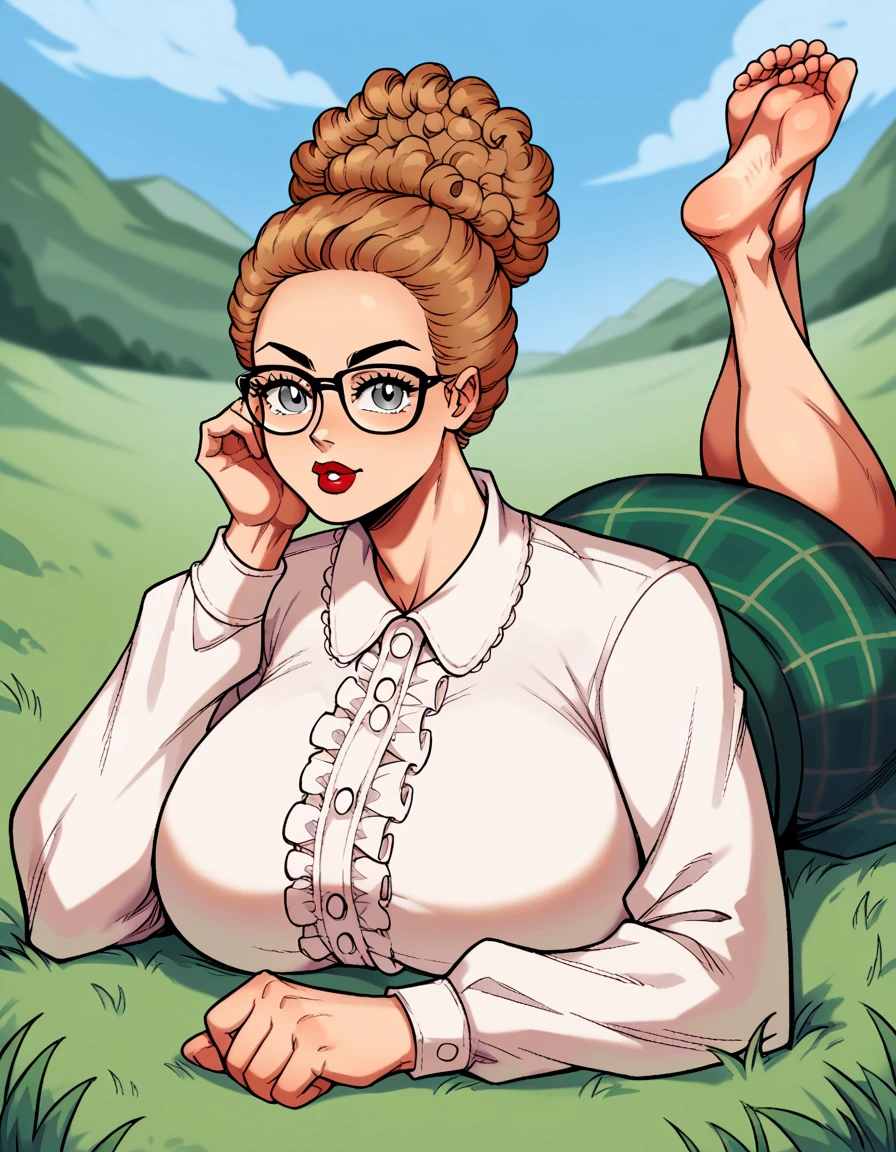 score_9, score_8_up, score_7_up, source_anime, <lora:naked-justice-ponyxl-lora-nochekaiser:1>, naked justice, light brown hair, glasses, hair bun, single hair bun, lipstick, grey eyes, curly hair,, skirt, shirt, white shirt, huge breasts, plaid, plaid skirt, green skirt, long skirt, frills, centered fills, long sleeves,, hill, grass, open, landscape, sky, , <lora:the-pose-ponyxl-lora-nochekaiser:1>, the pose, on stomach, feet up, lying, soles, feet, legs up, head rest, barefoot, looking at viewer, solo,, dutch angle, cowboy shot