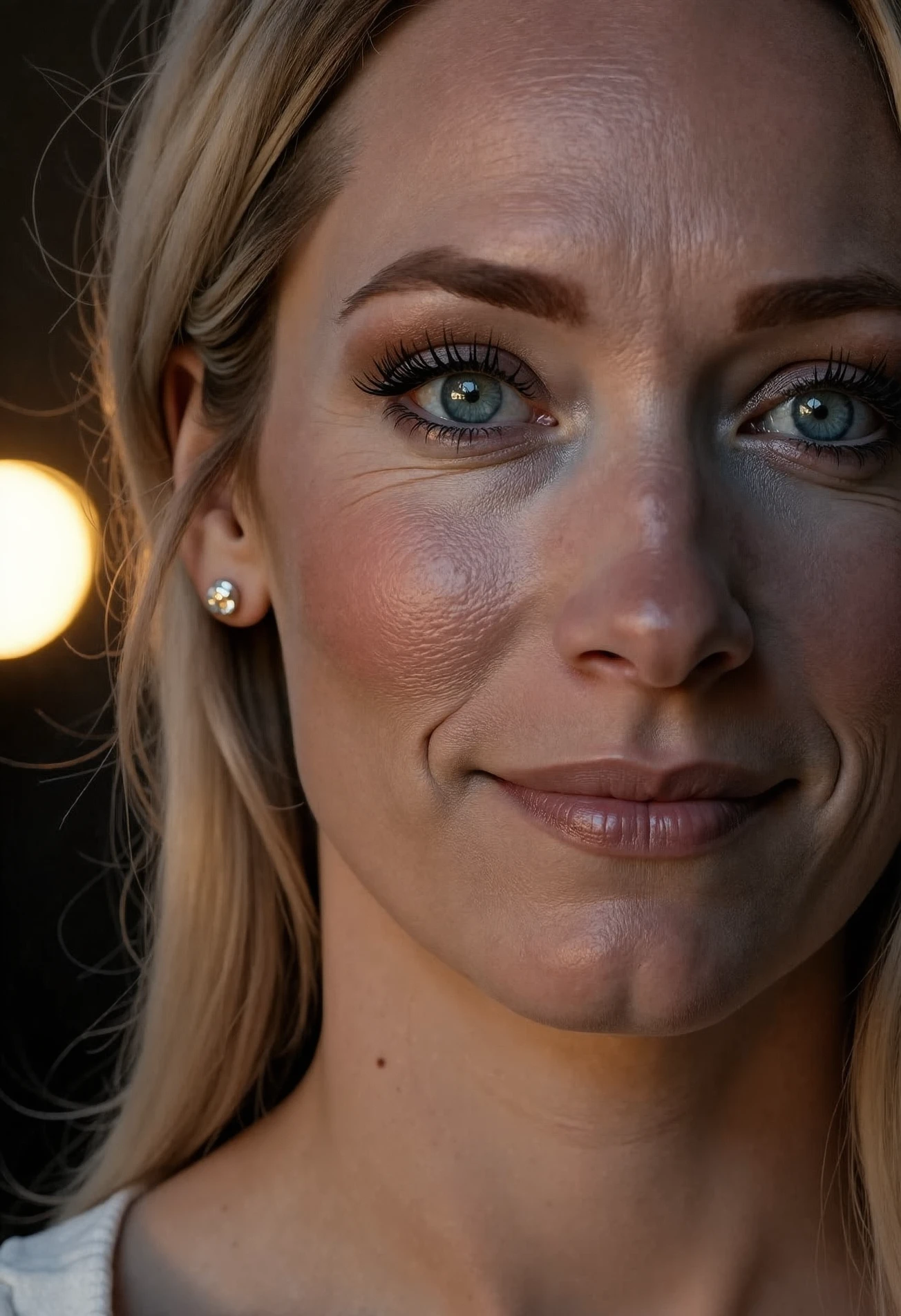 Helene Hendriks, close-up portrait, face softly illuminated by candlelight, wearing elegant evening attire, warm and soft lighting, intricate skin texture, photorealistic, cinematic bokeh in background, high detail, ultra-sharp focus, depth of field, 8k resolution
