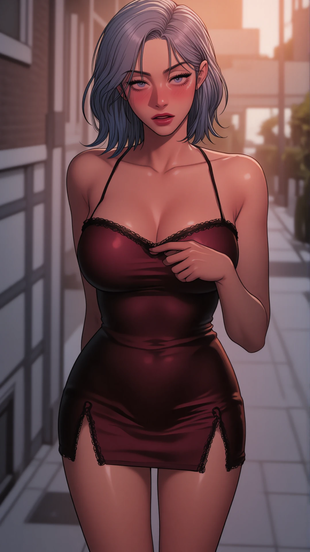 8k, RAW Photo, Quality: 1.25), (Lip Gloss, Eyelashes, Glossy Face, dark Skin, Best Quality, Ultra High Resolution, Depth of Field, Chromatic Aberration, Caustics, Moisturized Lips, Ultra-Trimmed Face, Radiant Detailed Eyes,1woman,dark_skinned,dress,looking at viewer,standing,parted_lips,blue_hair,short_hair,forehead,mature_female,,hands_on_own_chest,slim_waist,dark_skinned_female,dark skin color,standing