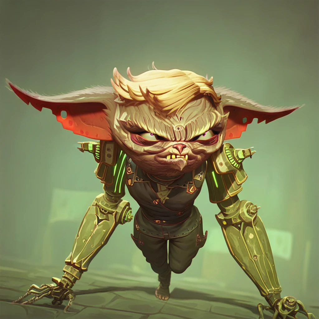 male focus, solo focus, solo, score_9, score_8_up, score_7_up, <lora:SmeechAracneS2:1> full body, 1 boy, SmeechAracneS2, yordle, short, mechanical arms, mechanical arm, amputee, prosthetic arms, prosthetic legs