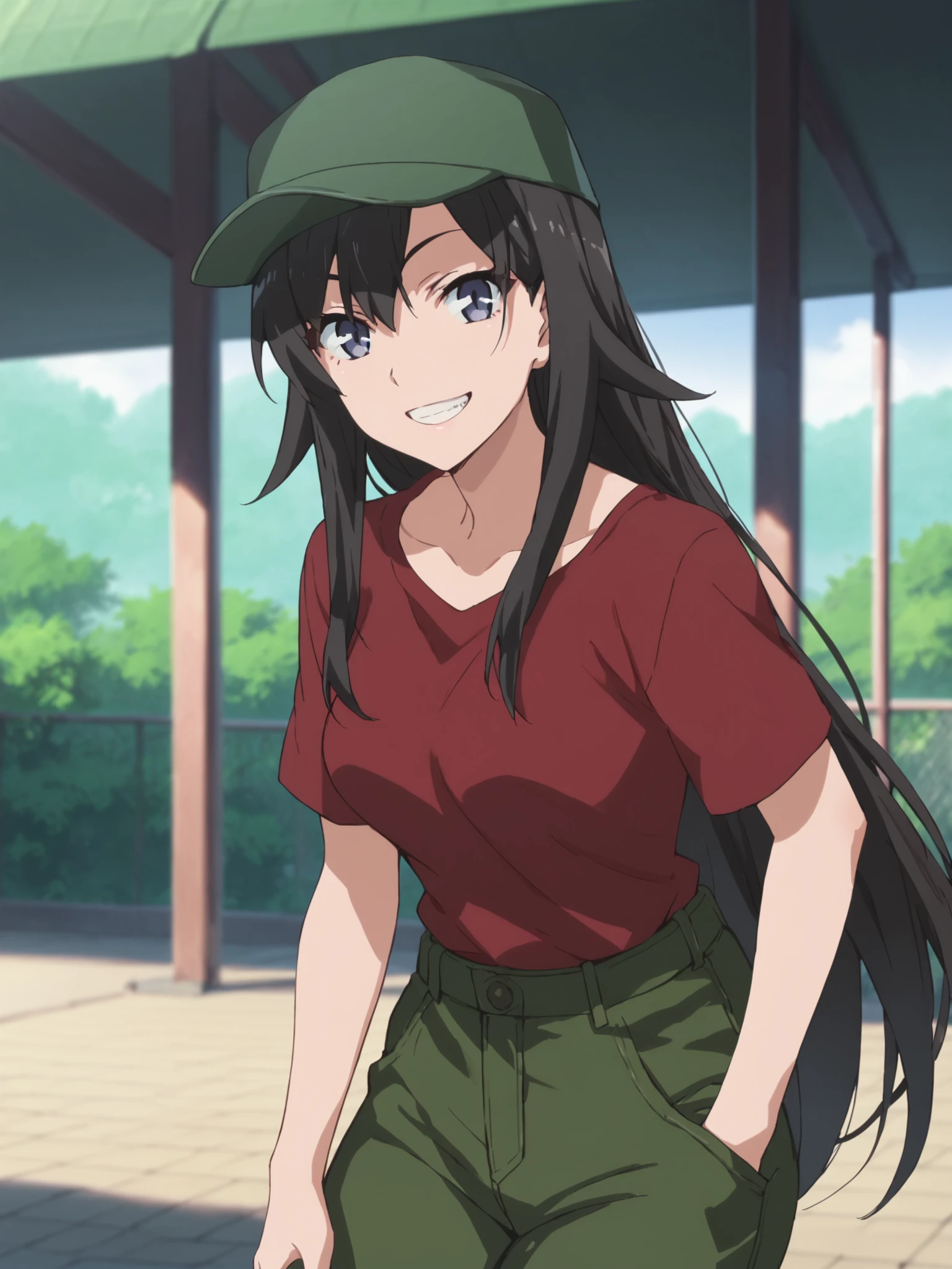 <lora:Hiratsuka_Shizuka:1>,safe_pos, score_9, score_8_up, score_7_up,score_6_up,shizuka,long hair,black hair,blue eyes,looking at viewer,outdoors,red shirt,green hat,smile,grin,breasts,pants