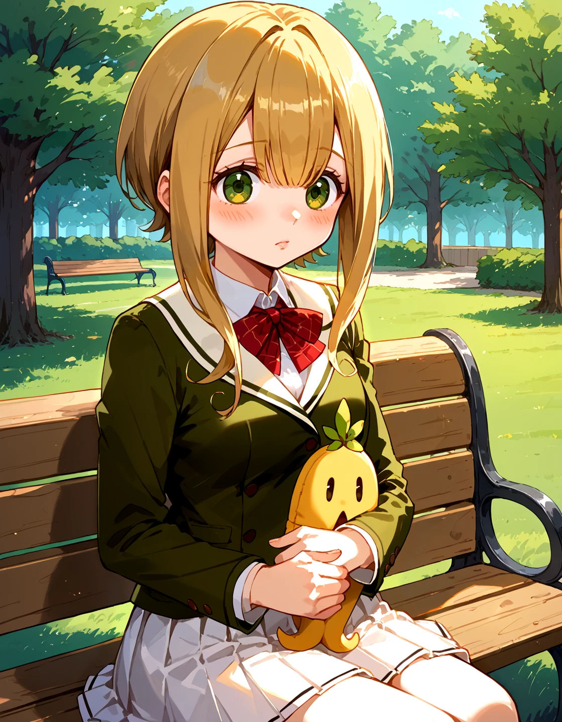 score_9, score_8_up, score_7_up, girl sitting on a bench holding mandrake, source_anime, 1girl, masterpiece, high quality, cinematic lighting, upper body, medium shot, mgrcsatorikagome, blonde hair, green eyes, double brown hairpin, white shirt, green with white blazer, red bowtie, white pleated skirt, holding mandrake, (surprised:0.75), blush, (dynamic pose:1.1), sitting, outdoors, park, bench, evening, tree, (side view:0.7), <lora:mgrcsatorikagome_XL:0.9>