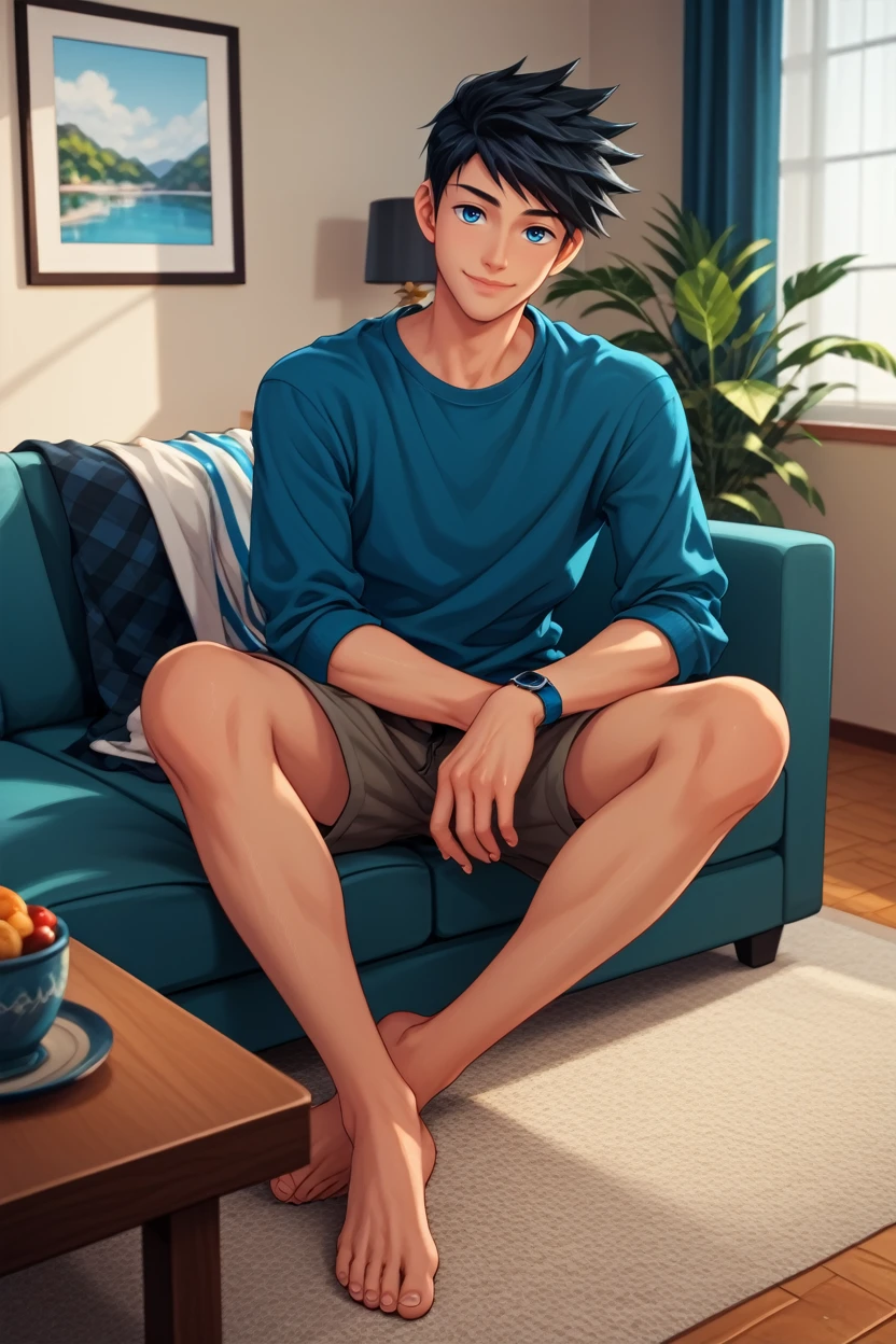 score_9, score_8_up, score_7_up, 
<lora:CBNatsumi:1.0>
CBNatsumi, 1boy, black hair, short hair, blue eyes, looking at viewer, solo, smiling, full body, lounge clothing, sitting on sofa, living room