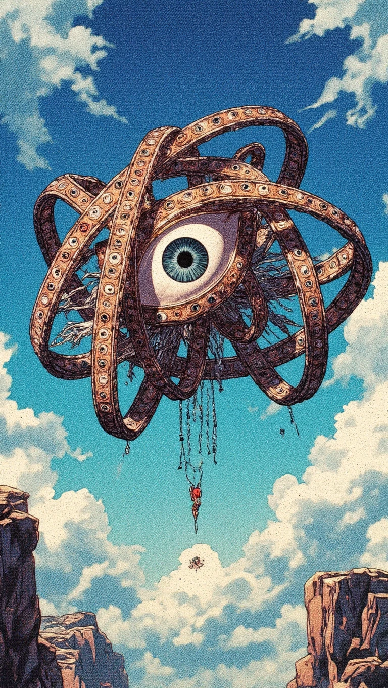 Ophanim has 4 wheels and one large eye in the middle and is floating in the sky, retro anime style,. <lora:Ophanim_Creature:1>  <lora:RetroAnimeFluxV1:1>