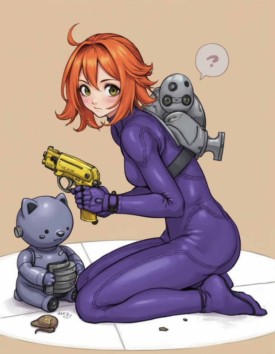 kter, girl wearing purple cyborg bodysuit with ripply gloves kneeling view from side, small plushy, broken robot, orange hair, B on cheek, metal contraption on back, holding peculiar looking yellow gun, on white circle, beige background