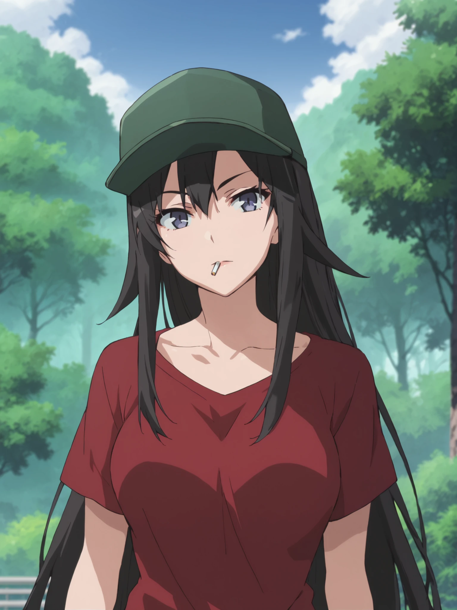 <lora:Hiratsuka_Shizuka:1>,safe_pos, score_9, score_8_up, score_7_up,score_6_up,shizuka,long hair,black hair,blue eyes,looking at viewer,outdoors,red shirt,green hat,breasts,cigarette