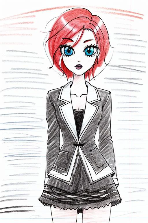 drawn style, white line paper, drawn on paper, large eyes, full lips, short hair, blue eyes, black lipstick, black dress skirt, black blazer style top with blue and red design, black and white cut off shirt, reddish brown hair with a pink highlight, blush, black scribble background, upper body shot, solo, hair over one eye, multicolored hair, blue eyes, short hair, dress, pink hair, makeup, traditional media, lipstick, two-tone hair, red hair, hair covering half of face