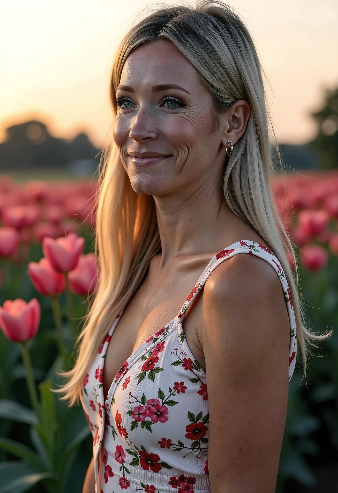 Helene Hendriks, a woman in a vibrant flower field at sunrise, wearing a light summer dress, morning dew on flowers, soft golden lighting, highly detailed textures, photorealistic, vibrant colors, 8k resolution, depth of field, ultra-sharp focus, warm and serene atmosphere
