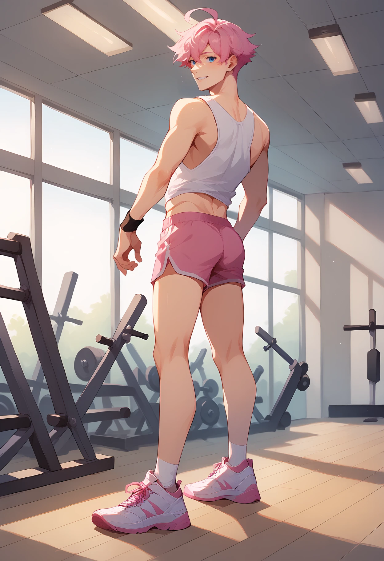 score_9, score_8_up, score_7_up, best quality, masterpiece, high res, BREAK
1boy, solo, male focus, finlay, ahoge, bangs, blue eyes, pink hair, short hair,
white tank top, pink gym shorts, sneakers, BREAK
underbutt, light smile, standing, indoors, gym, full body, from behind, <lora:Finlay-000012:1>, <lora:Detail Slider:1.5>