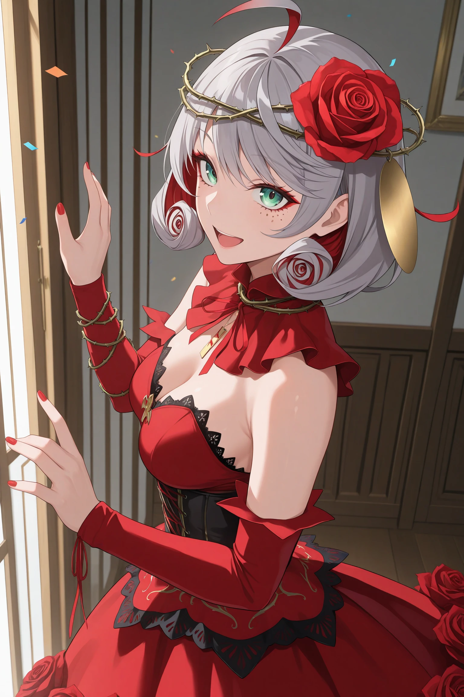 1girl, indoors, masterpiece, best quality, amazing quality, highres, absurdres, very aesthetic, high resolution, ultra detailed, perfect details, medium breasts, destiny (takt op.), anna schneider, multicolored hair, short hair, grey hair, red hair, ahoge, hair ornament, hair flower, crown of thorns, green eyes, makeup, red eyeshadow, mark under eye, red nails, red rings, rose, jewelry, necklace, dress, red dress, detached sleeves, black corset, black pantyhose, red highheels, <lora:Destiny_2nd_ILXL:0.8>, (aged up:1.4), (cowboy shot:1.2), (from above, from side:1.1), smile, open mouth, confetti