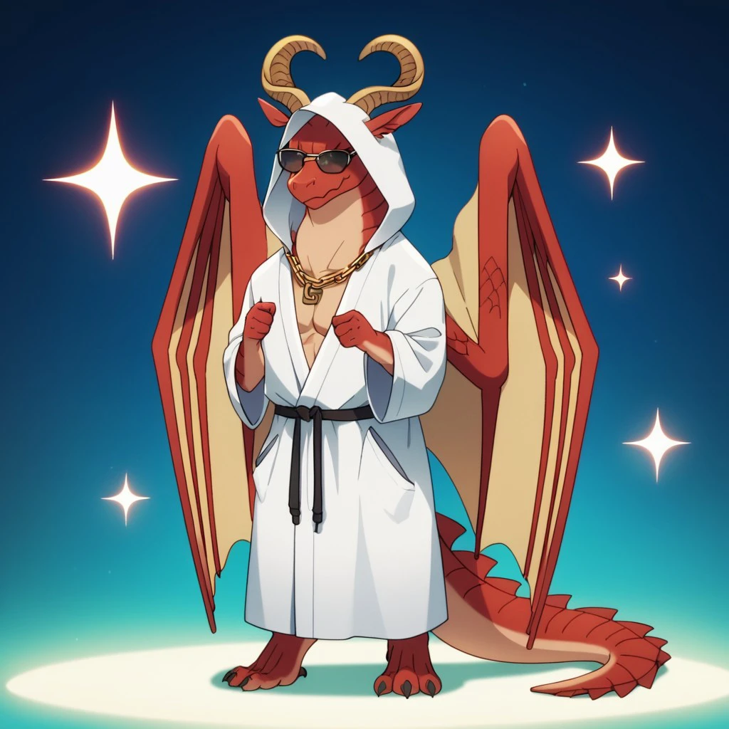 score_9, score_8_up, score_7_up, score_6_up, score_5_up, score_4_up, source_furry, lettydrgn, semi-anthro, male, dragon, red scales, wings, wings, solo, horns, 1boy, hood, male focus, chain, sunglasses, gloves, gold chain, robe, standing, full body, jewelry, sparkle, hood up, no humans, necklace, hands up, <lora:83bd8975-c18a-4800-8fd2-0692f313e199:0.7>