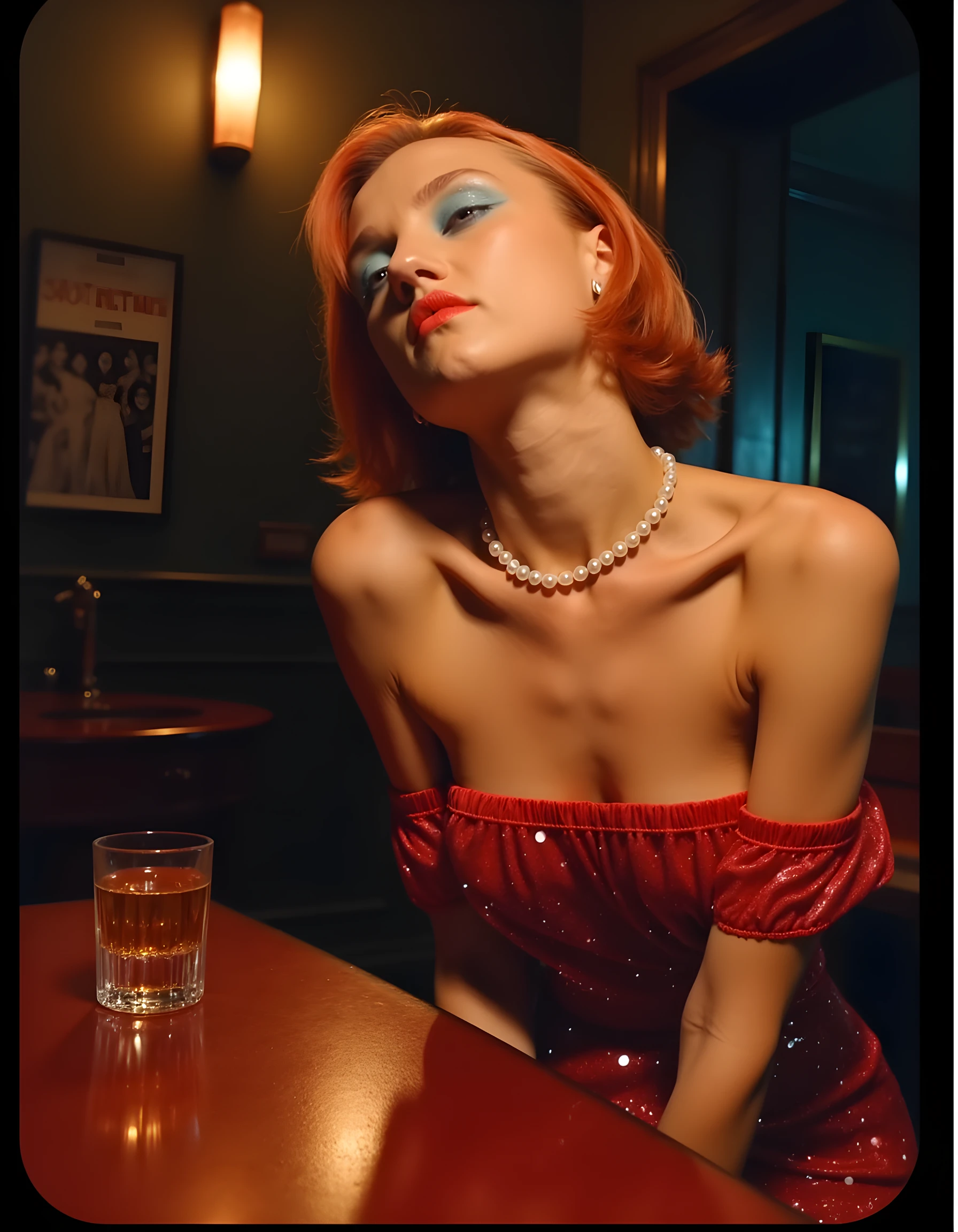 StabilityAI Analog style: analog film photo full body red haired woman, sitting on a bar stool, breasts, nipples, topless, freckles, (nude body:1.3), legs . faded film, desaturated, 35mm photo, grainy, vignette, vintage, Kodachrome, Lomography, stained, highly detailed, found footage