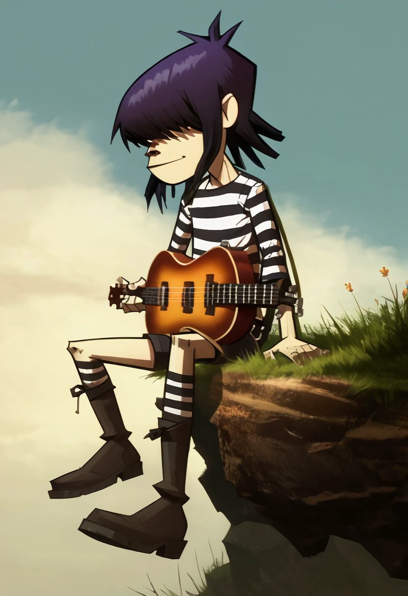 score_9, score_8_up, score_7_up, BREAK, source_cartoon, 1girl, n00dlegorillaz, solo, dark hair, purple hair, short hair, bangs over eyes, bangs, striped, striped shirt, shorts, sitting, boots, guitar, playing instrument, playing guitar