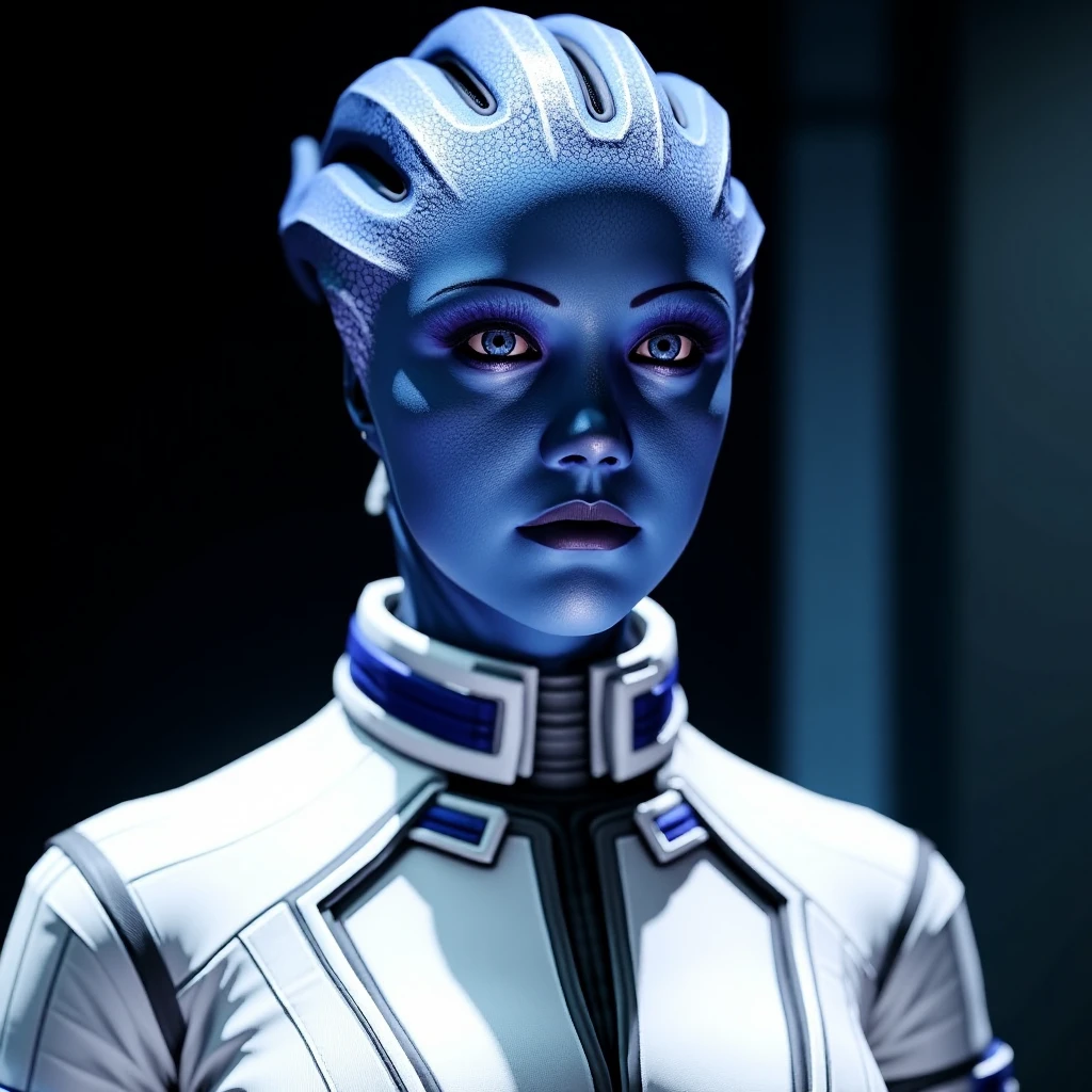 The image is a highly detailed CGI rendering of a humanoid alien character Liara T'Soni, specifically a Zha'thik from the video game Mass Effect. The character has a striking blue skin with a smooth, almost metallic texture, and her face is adorned with intricate, swirling patterns that glow slightly, giving her an ethereal appearance. Her eyes are a piercing blue, and she has a stern, focused expression. Her head is elongated and covered in a smooth, dark blue, almost black, shell-like structure that covers her ears and extends slightly over her forehead. She is dressed in a sleek, form-fitting white and silver spacesuit with a high collar and long, flowing sleeves, which is designed to withstand harsh environments.