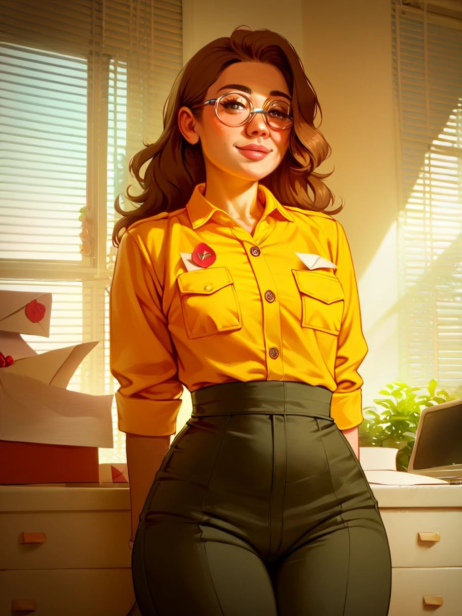 score_9, score_8_up, score_7_up, rating_safe, zPDXL, solo focus, looking at the viewer
<lora:Nikky_Dandelion:1> nikkydandelion,,long hair, brown hair, petite, slim, postal worker uniform, hips thighs, pants,âââ