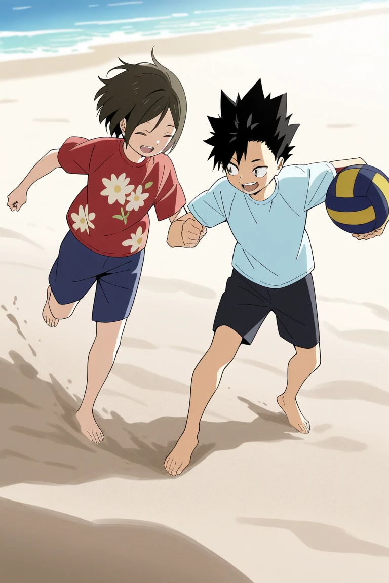 day, natural lighting, summer theme, bestfriends focus, looking away, looking at another, playing on sand, ADKenmaHU, black_ADKenmaHU_parted bangs, closed eyes, smiling, shirt, shorts, 1stmale , holding volleyball, ADKurooHU, black_ADKurooHU_spiked hair, closed eyes, open mouth, floral shirt, beach shorts, 2ndmale childrry outdoors beach, dutch angle, intricately detailed illustration, masterpiece,best quality,amazing quality,very aesthetic,absurdres,newest